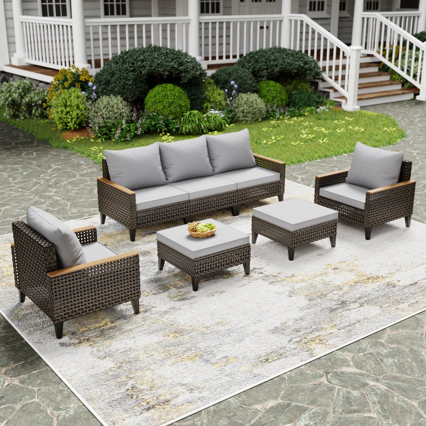 Broivira 7 Piece Patio Furniture Set, All-Weather Wicker Rattan Outdoor Sectional Sofa Set with High Backrest and Thick Cushions for Garden, Porch, Poolside, Grey