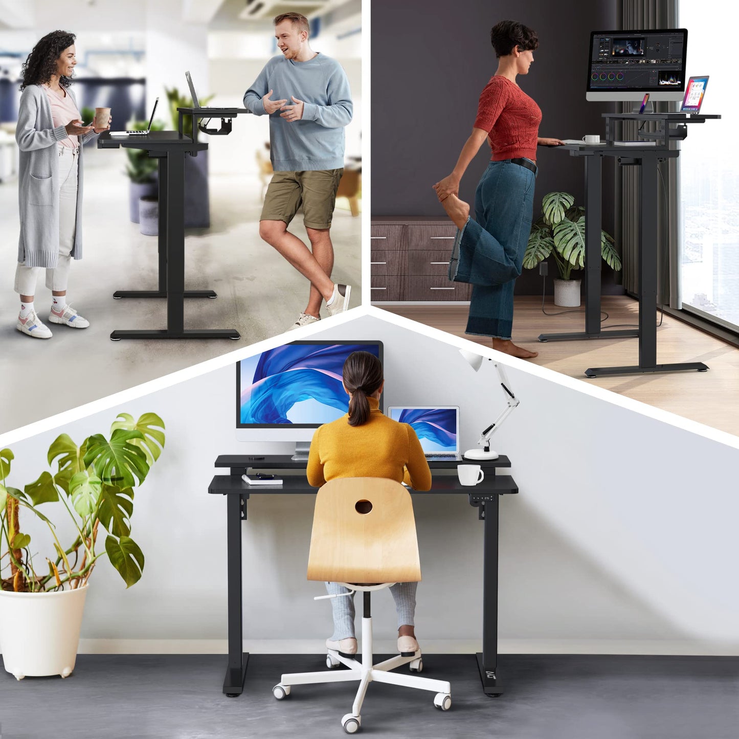 AVLT 47″ Electric Standing Desk with Dual-Tier Shelf & Tablet Holder – Height Adjustable Sit-Stand Desk for Home Office, Motorized Frame Supports 176 lbs (80kg), Includes Tabletops – Black
