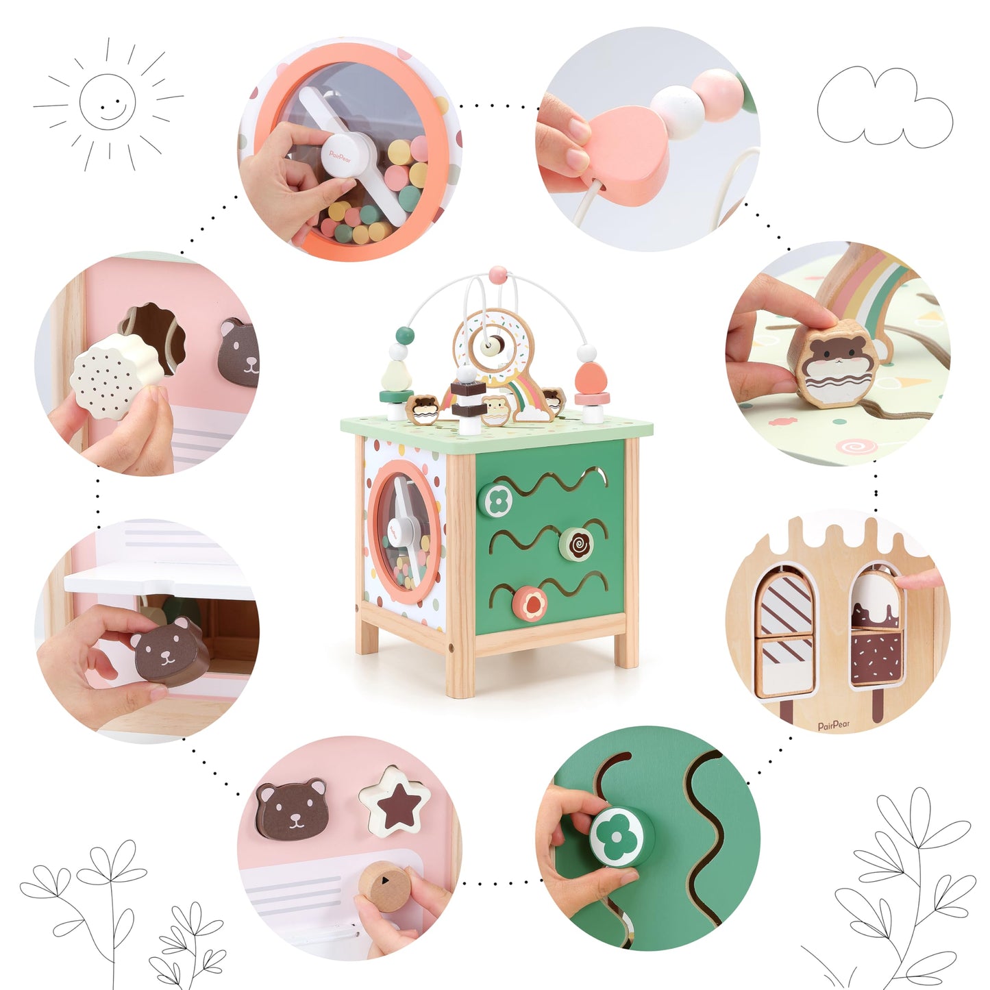 PairPear Wooden Activity Cube Montessori Toys Wooden Play Cube Activity Center Baby Busy Board Multifunctional Early Educational Development Toys Sensory Gifts for Toddlers Girls Boys 1 2 3 Year Old