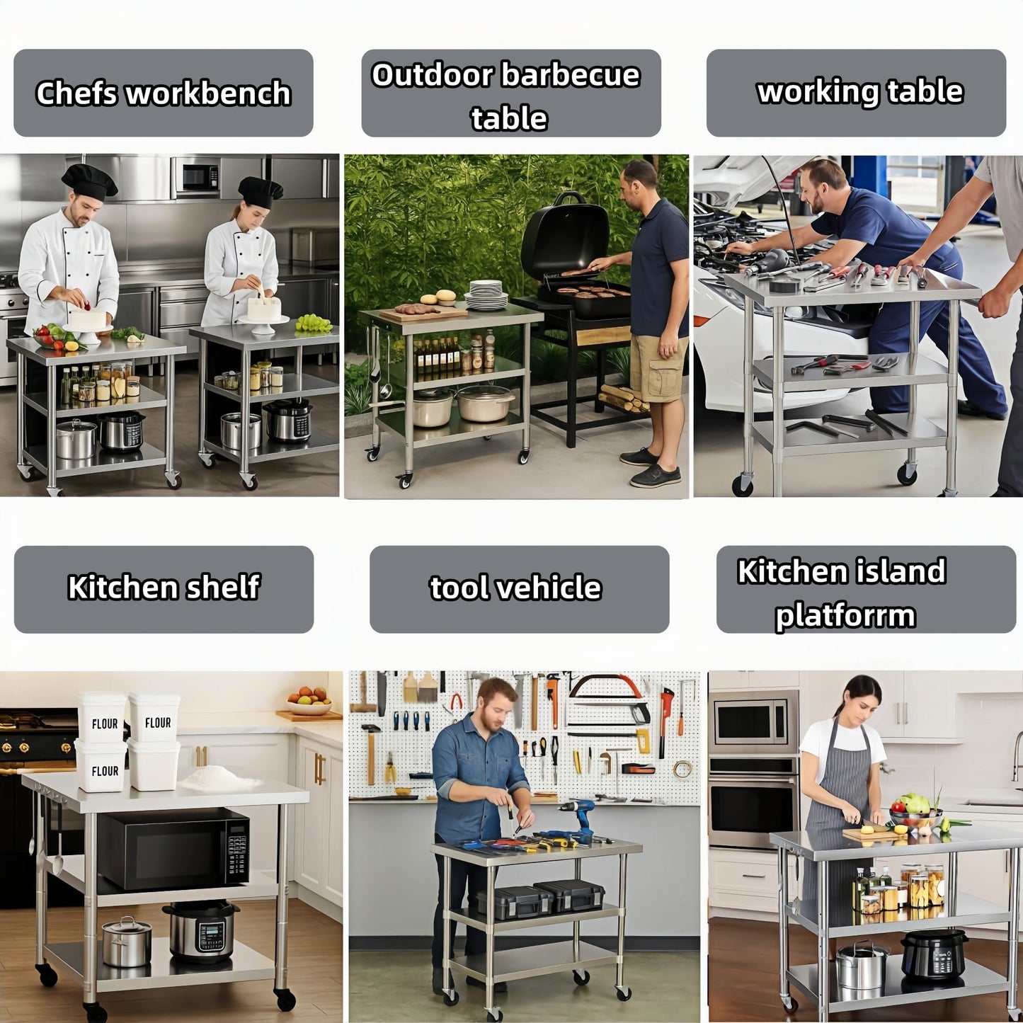Stainless Steel Table with Wheels for Food Preparation and Work, Multi-Size Optional, Three-Layer Variable Two-Layer Metal Commercial Workbench Outdoor, Restaurant, Kitchen (48" Lx24 Wx34 H)