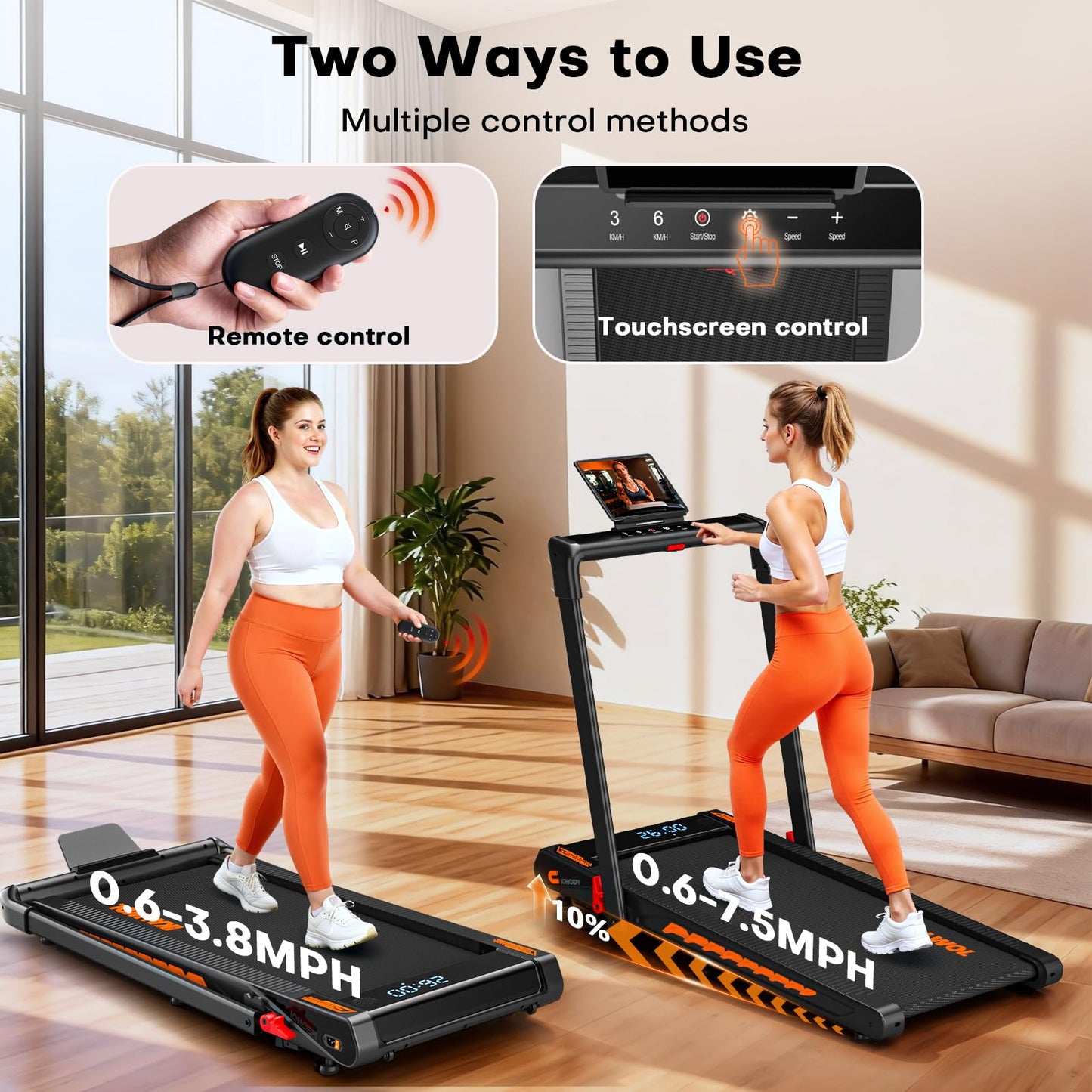 Treadmill with Speaker, 6-in-1 7.5MPH Foldable Treadmill for Home with App Compatible, Walking Pad with 10% Incline, LED Display, 3.0HP Brushless Drive, 350 LB Weight Capacity, 12 HIIT Programs
