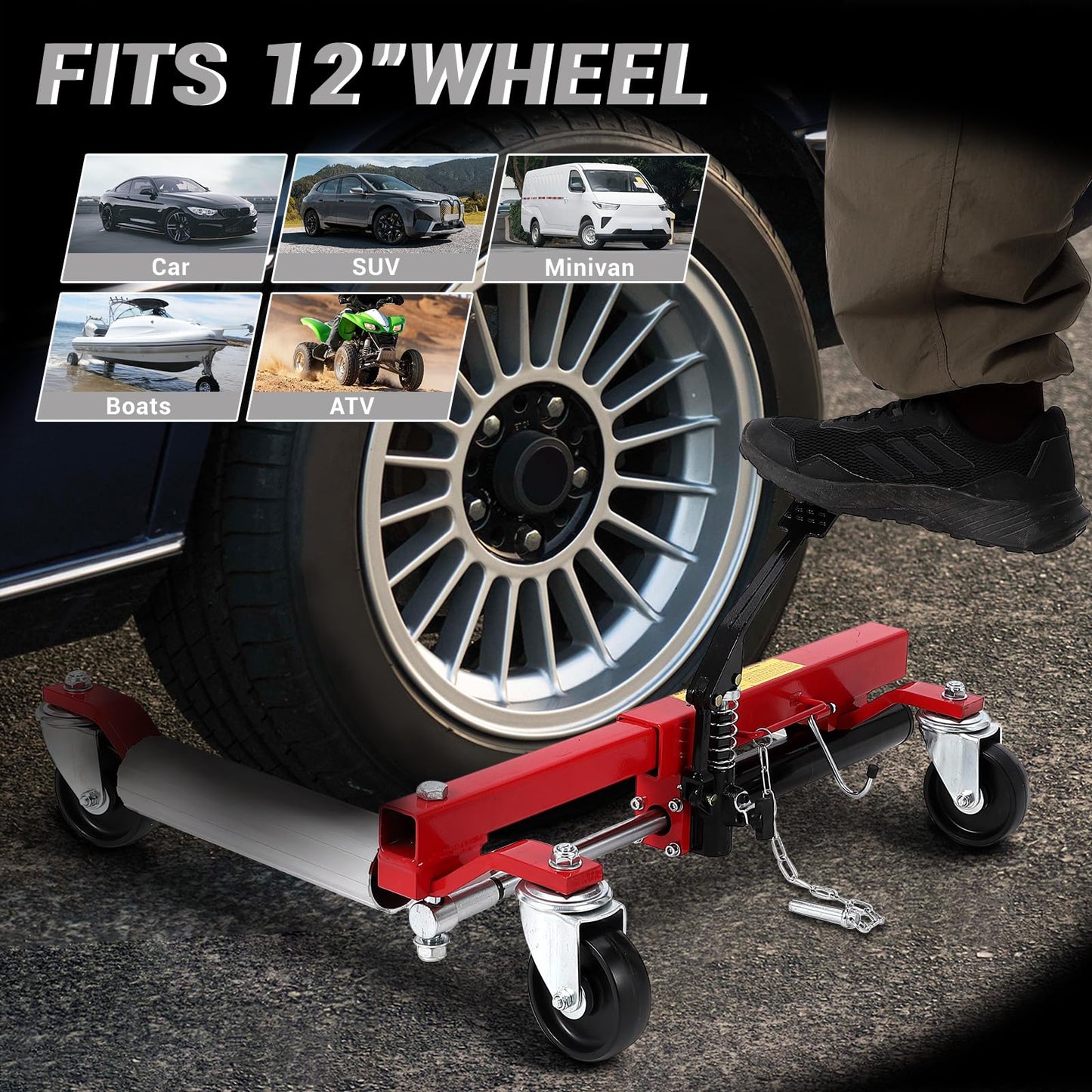 Car Wheel Dolly Set of 2, 1500 LBS Capacity Car Dolly with Hydraulic Tire Jack & Aluminium Twin Rollers, Heavy Duty Rollers with Foot Pedal for Tire Auto Repair Moving, Red