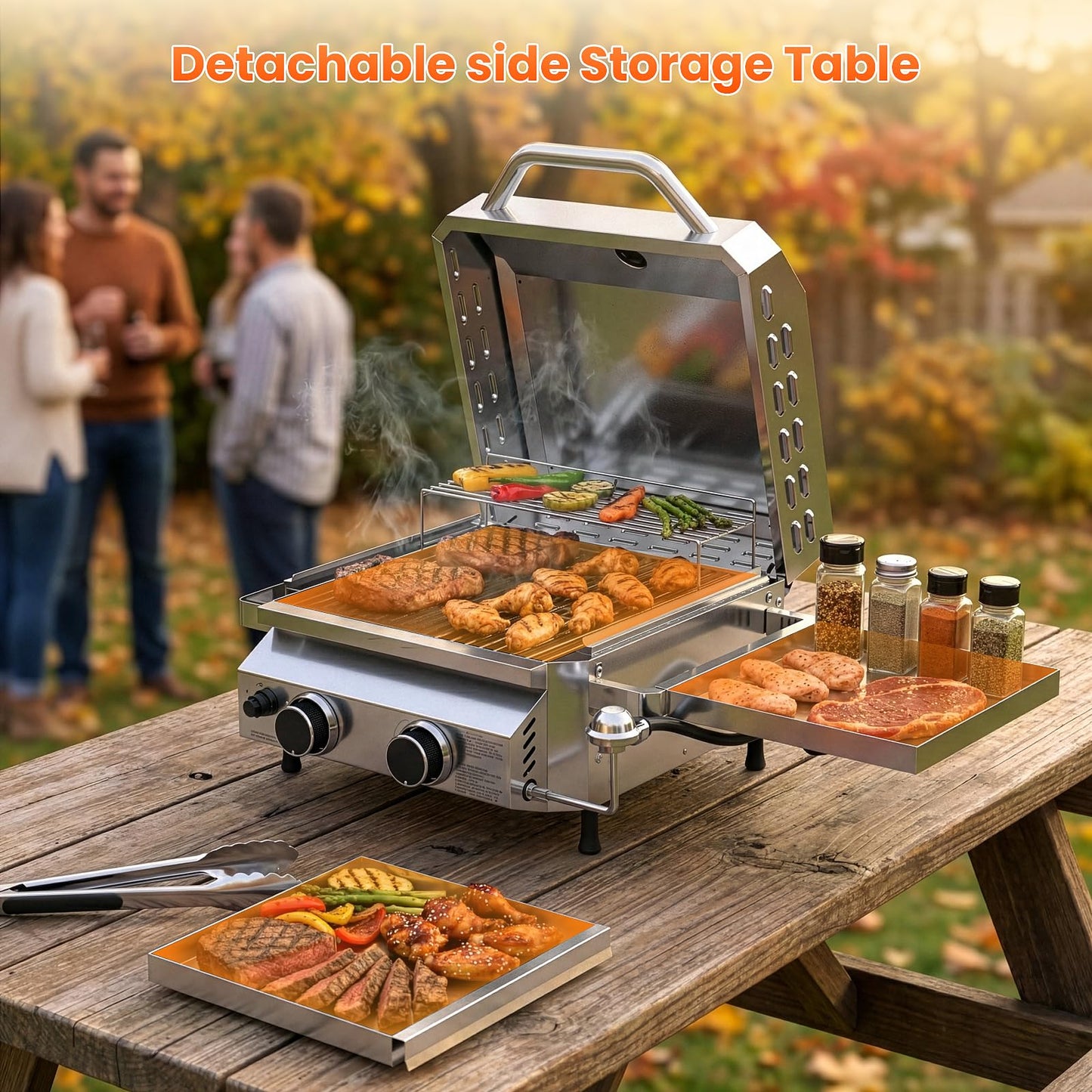 Cowsar Premium Dual-Burner Tabletop Gas Grill | 16,000 BTU Portable Propane Grill with 304 Stainless Steel & Dual Side Shelves – Compact Outdoor BBQ for Patio, Camping, and Backyard Grilling