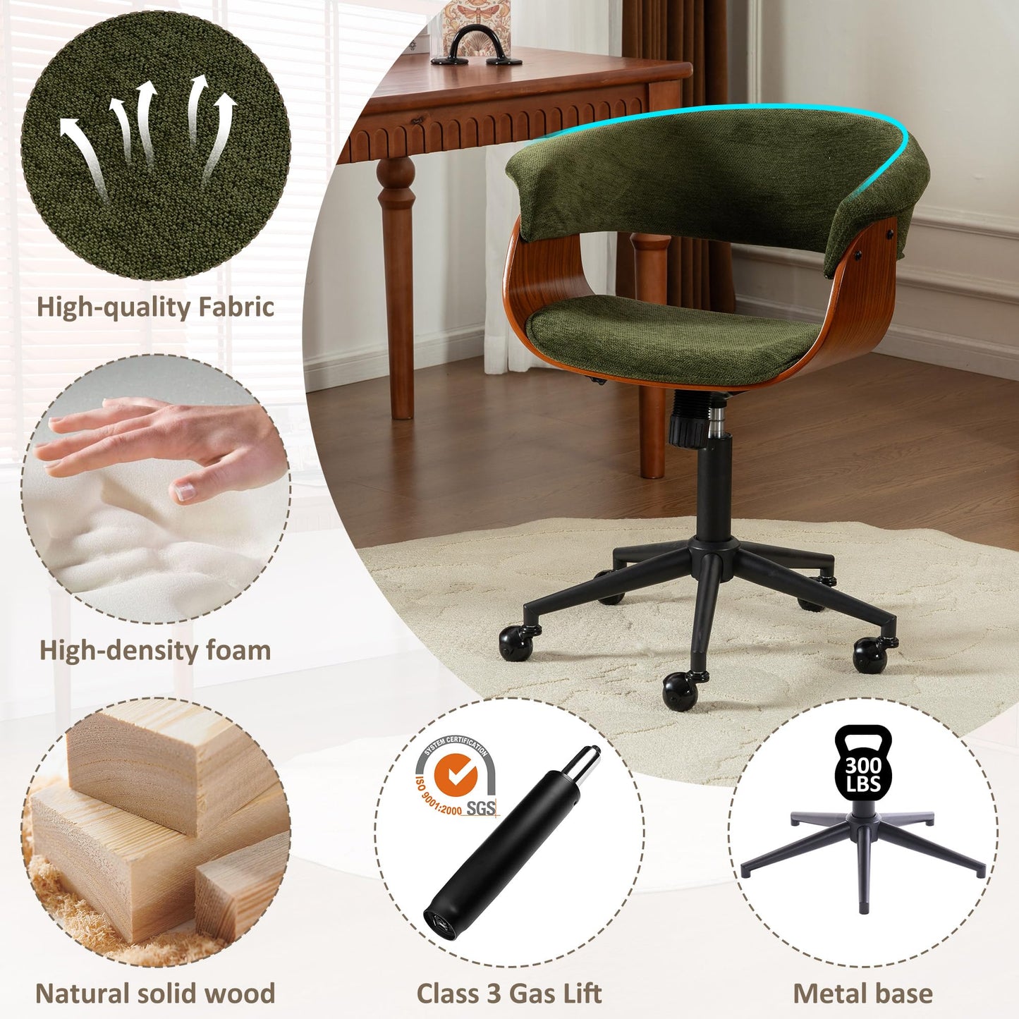 ROHASID Modern Home Office Chair, Comfy Computer Desk Chair with Wheels, Height Adjustable, Rolling, Swivel Fabric Task Chair with Ergonomic Curved Back for Bedroom, Office, Vanity, Green