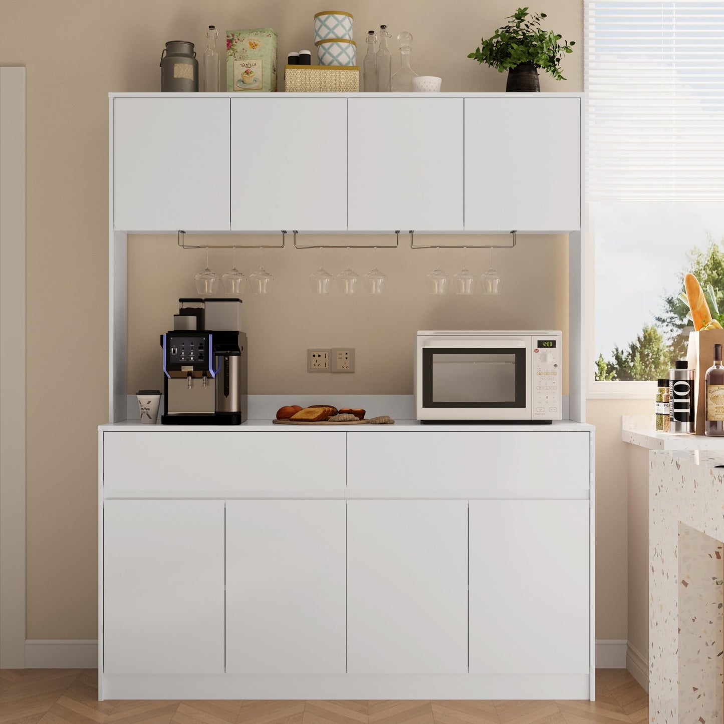 Mekminop Kitchen Hutch Storage Cabinet, 63" W Large Pantry Cabinets with Microwave Oven Countertop, Freestanding Kitchen Pantry Storage Cabinet with 4 Doors, 2 Drawers and 7 Shelves, White