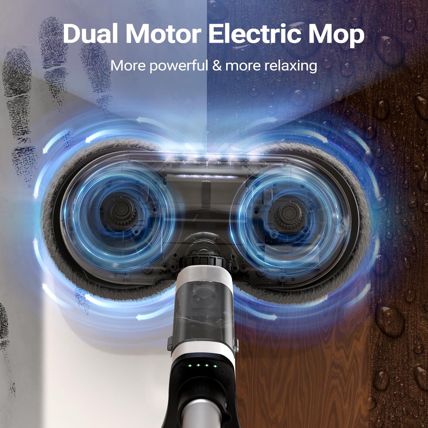 iDOO Electric Cordless Spin Dust Mop, Electric Mops for Floor Hardwood Tile Cleaning with Sprayer & LED Headlight, Rechargeable Dual-Motor, Quiet Self Propelled, Water Tank 4 Replaceable Heads, White