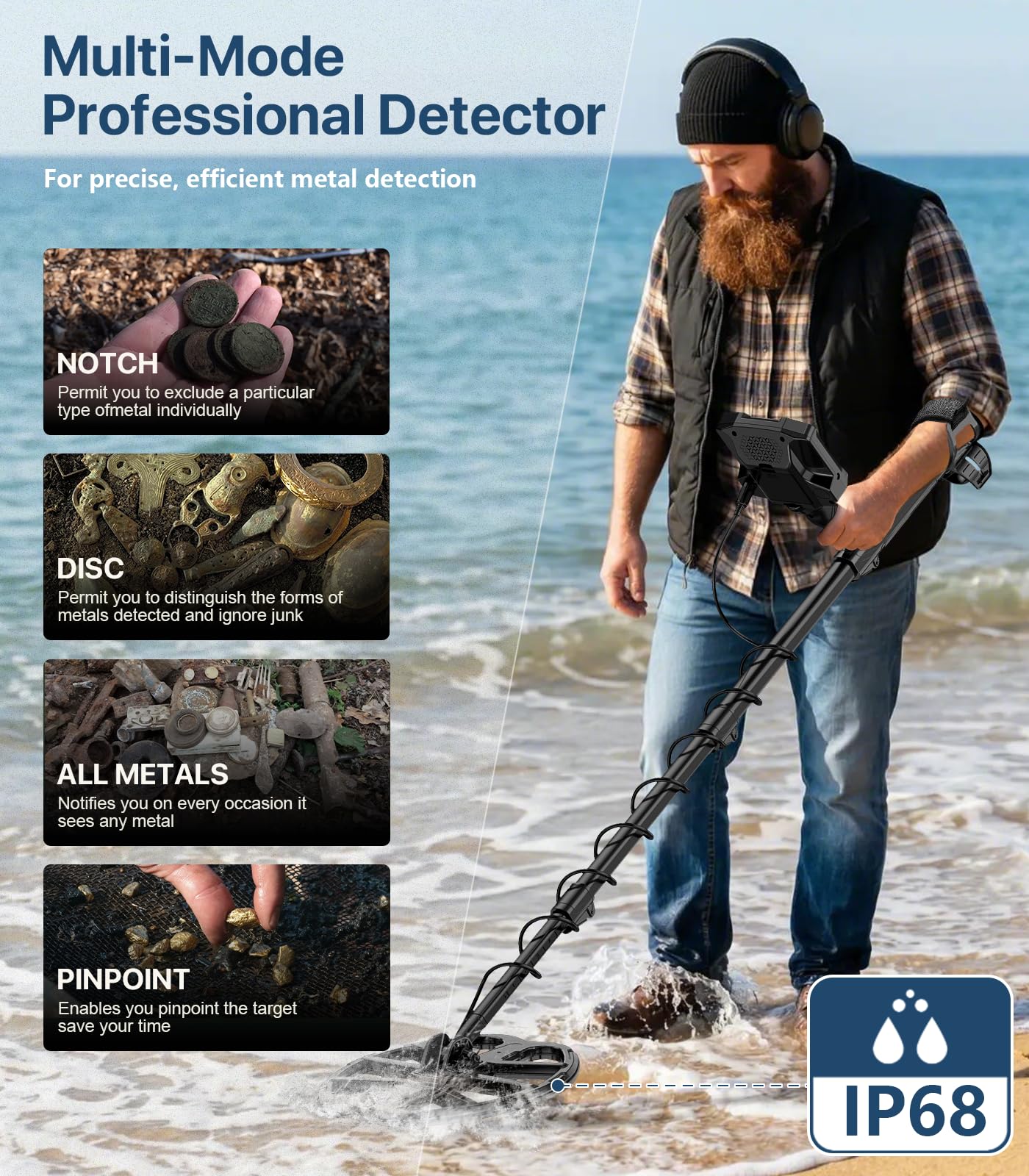 Metal Detector, Professional Metal Detector for Adults With High Accuracy 12.8" IP68 Waterproof Search Coil, Advanced DSP Chip, All Metal & Disc Modes for Beach&Outdoor Treasure Hunting, Gifts for Men
