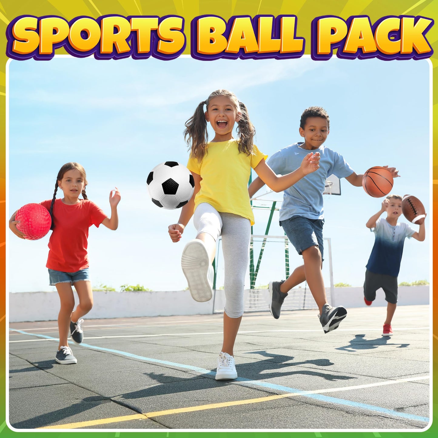 Sports Balls for Kids & Toddlers - (Pack of 4) 5-inch Sports Set Includes Football, Small Size Soccer, Basketball, and Playground Balls, Fun Indoors & Outdoor Toys (Hand Pump Included)