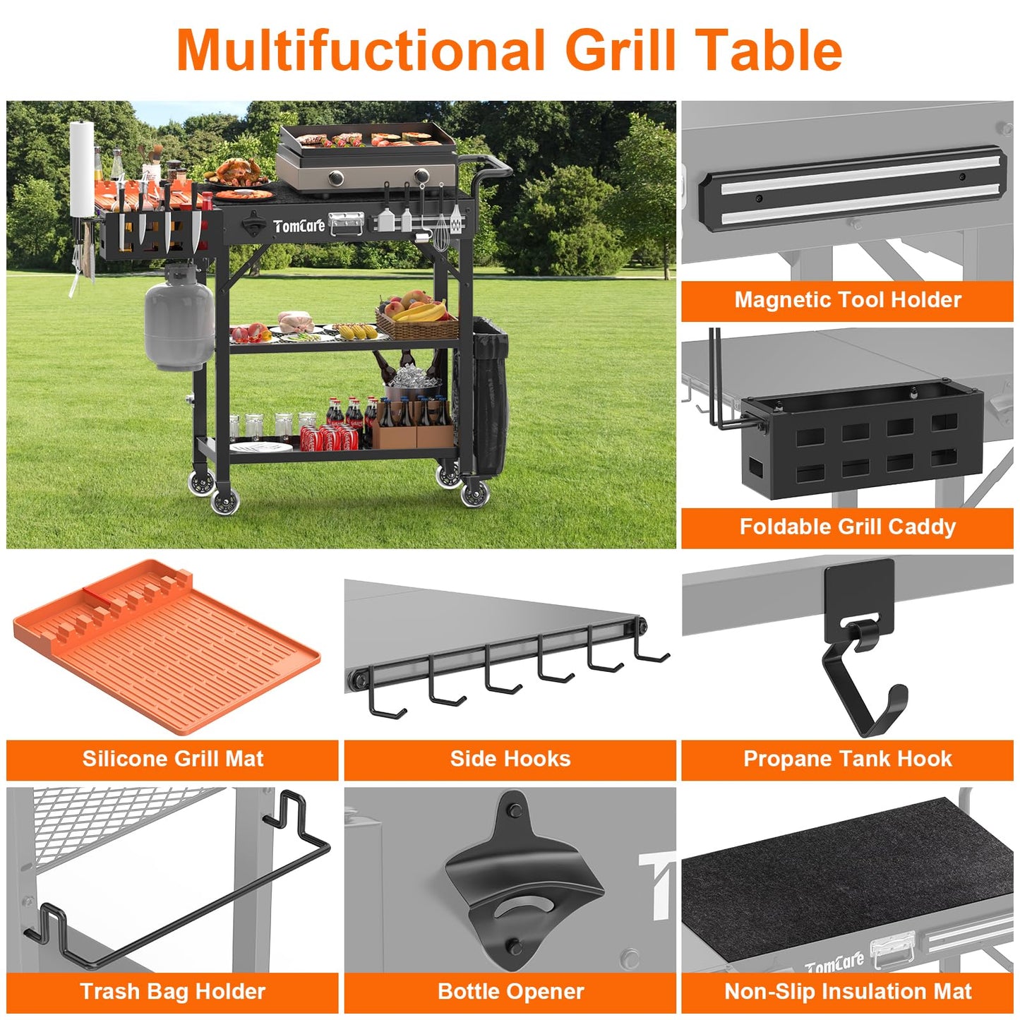 TomCare Grill Table with 3-Tier Storage Shelves Lockable Wheels Grill Cart with Silicone Grill Mat Heavy Duty Outdoor Tabletop Griddle Stand Holds 500Lbs Fits 22” Blackstone Ninja Cuisinart BBQ Grill