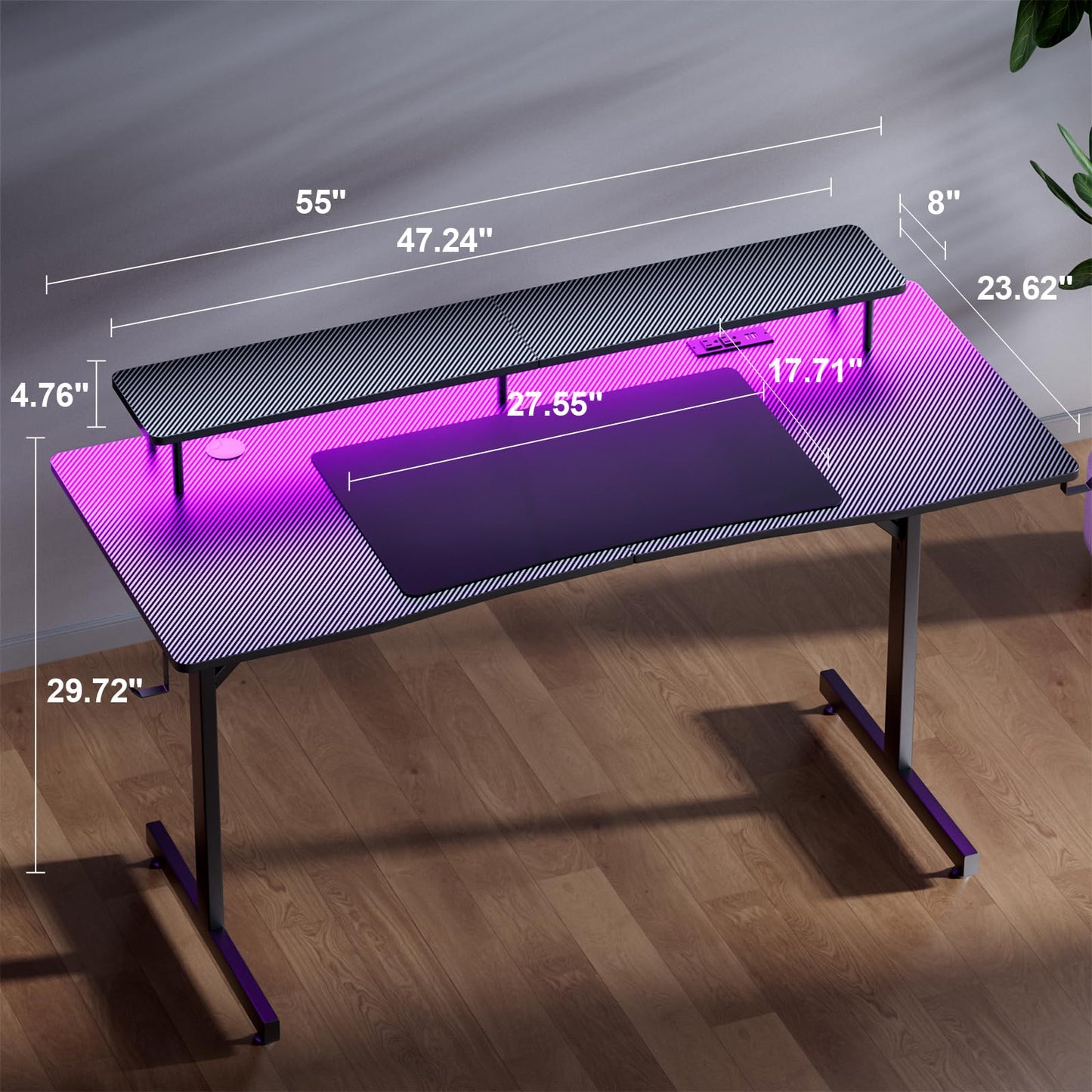 GTPLAYER 55 Inch Gaming Desk with LED Lights & Power Outlet, Computer Gamer Desk with Monitor Stand, Ergonomic Carbon Fiber Gaming Table Home Office Desk with Headphone Hook & Mouse Pad