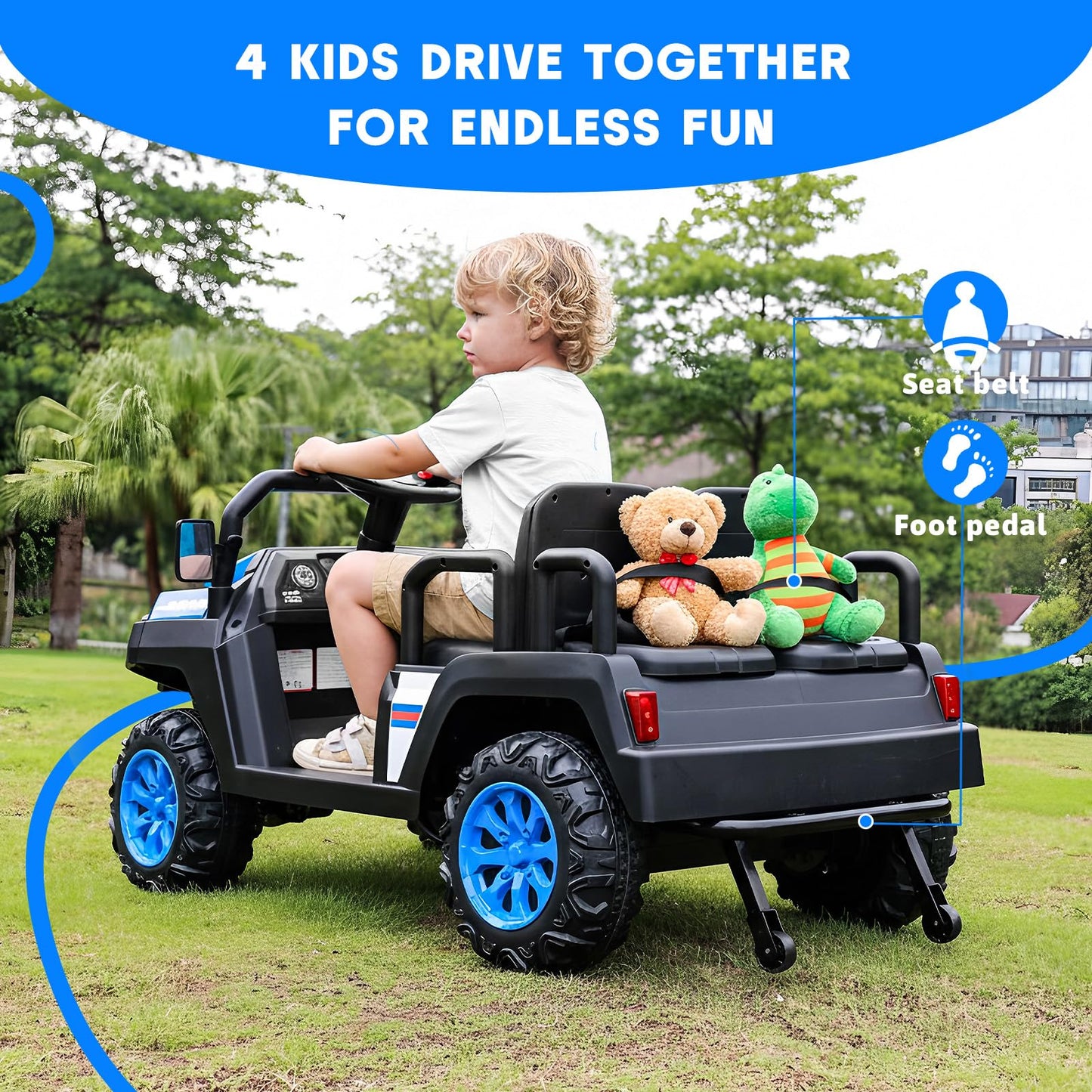 Electric Car for Kids, 24V 4 Seater Ride on Toys w/Parent Remote, 4 Wheeler Suspension, Max 220lbs Weight Capacity, USB, Music, Radio, LED Light, Ride on Truck for Boy/Girl Ages 3-8, Blue