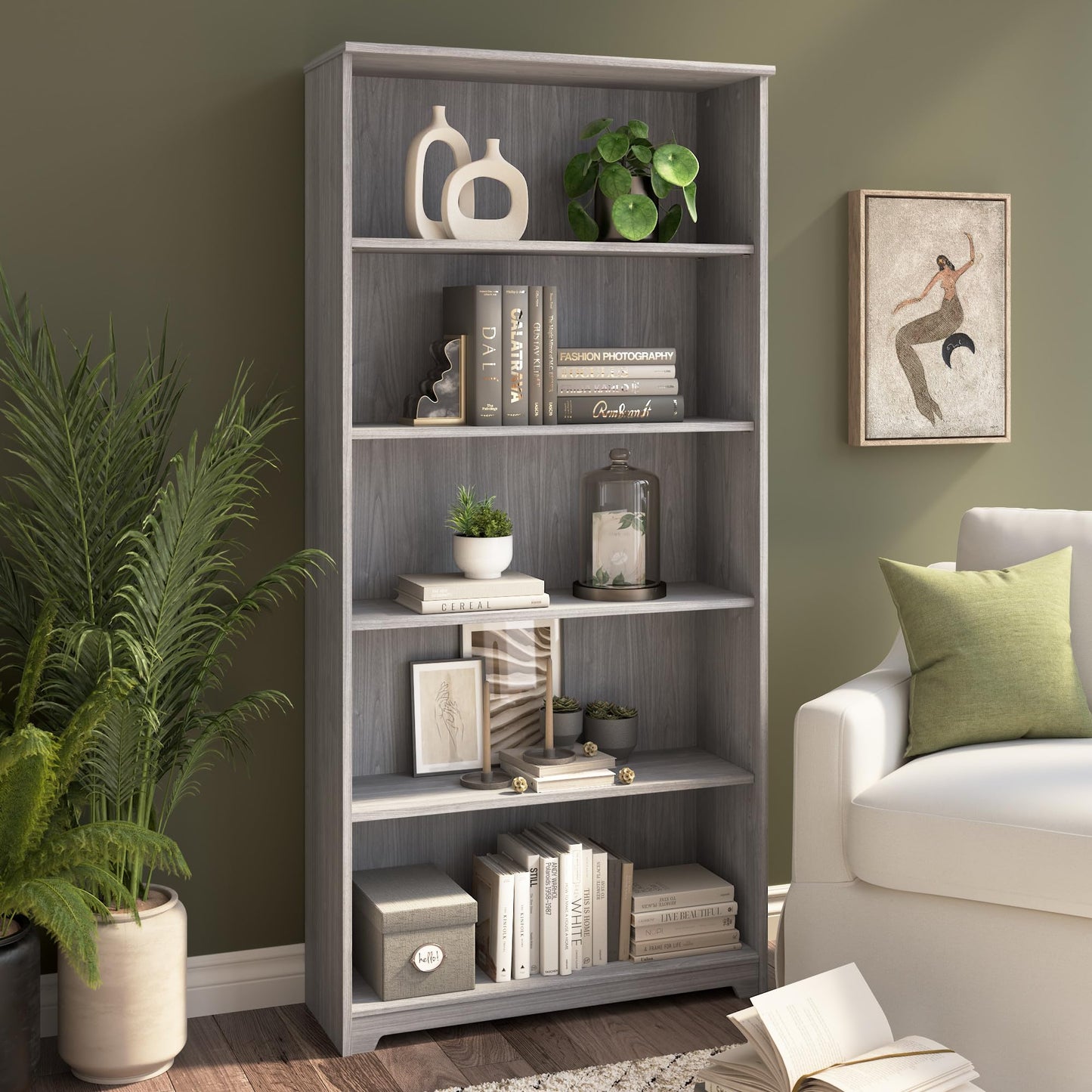 Bush Home Tall 5 Shelf Bookcase, Large Open Bookshelf, Sturdy Display Cabinet for Living Room or Home Office, Cabot Collection, Modern Gray