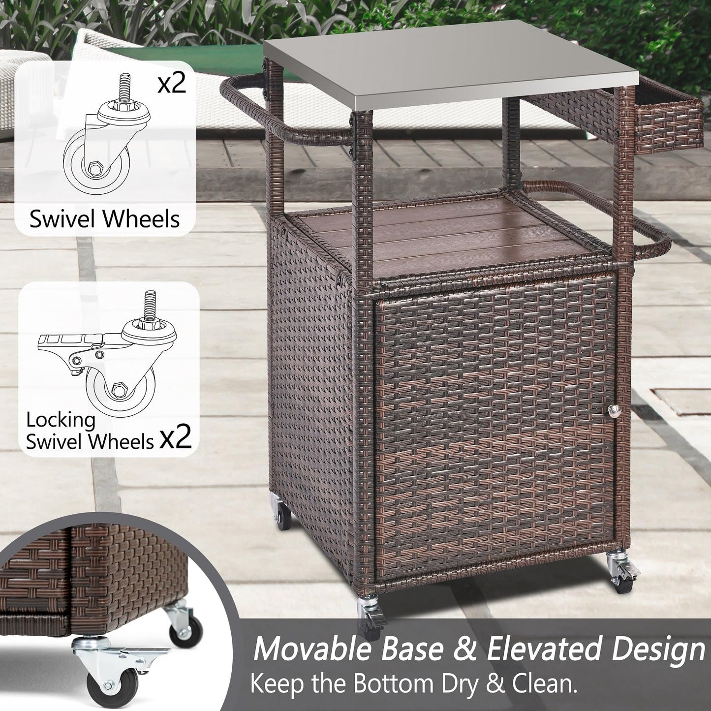 Grill Cart Outdoor with Wheels Outdoor Prep Table Grill Station with Storage Outdoor Kitchen Island Serving Cart with Stainless Steel Table Top BBQ Storage Cabinet for Outside Wicker Bar Cart Brown