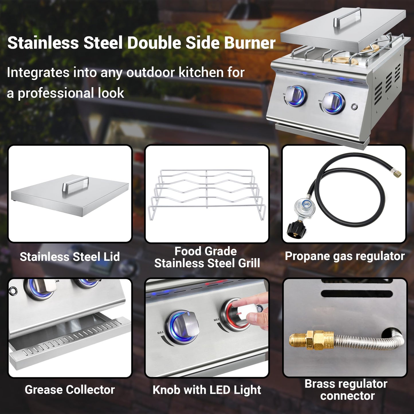 Livory Double Grilling Side Burners for Outdoor Kitchen, 2 * 17,000BTU Liquid Propane Burners, Convertible to Natural Gas, Duty Heavy 304 Stainless Steel, Built-in Side Burner for BBQ Island Grill