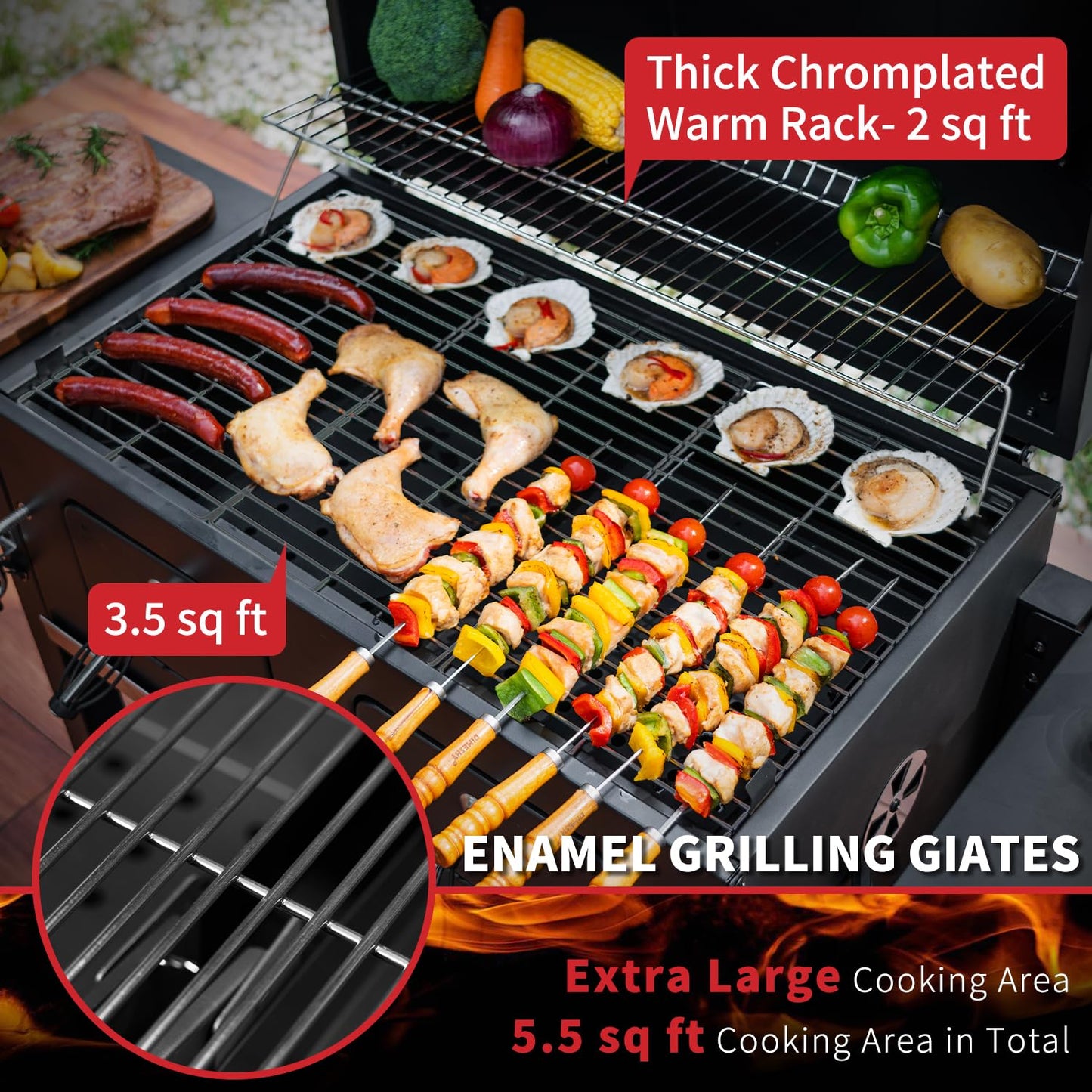 Kenadne Charcoal Grill Outdoor BBQ Grill, Extra Large Cooking Area 794 Square Inches with Two Individual & Adjustable Charcoal Tray, Foldable Side Tables for Outdoor Cooking grill Backyard