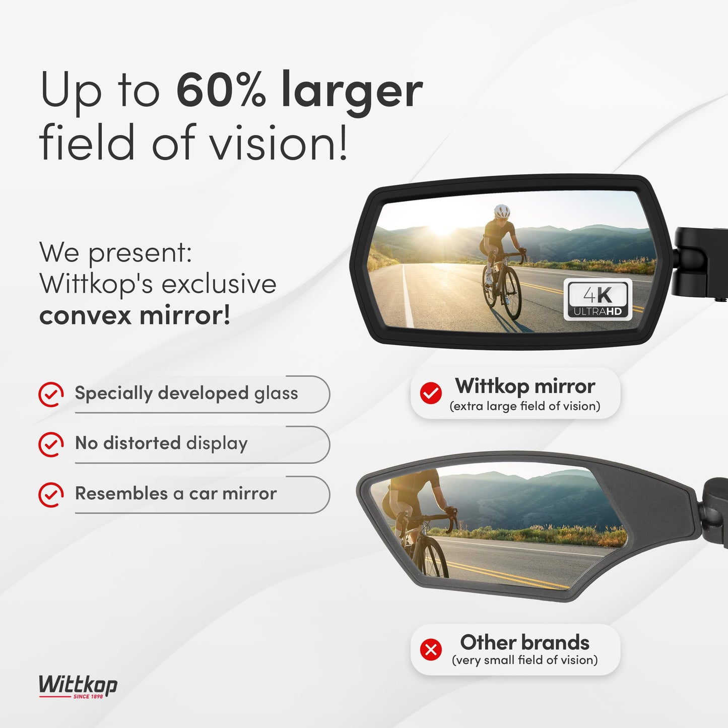 WITTKOP Bike mirror | Large HD field of vision | 360° rotatable & foldable | Mounting above & below | Break-proof & durable | ebike accessories, bike mirror handlebar mount, bicycle mirrors