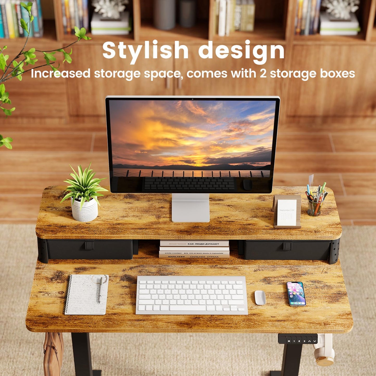YOLEZO Small Standing Desk with Two Drawers, 40" x 24" Electric Sit Stand Desk for Walking Pad, Ergonomic Stand Up Desk for Home Office & Gaming, 3 Memory Height Preset & Hooks(Rustic Brown)