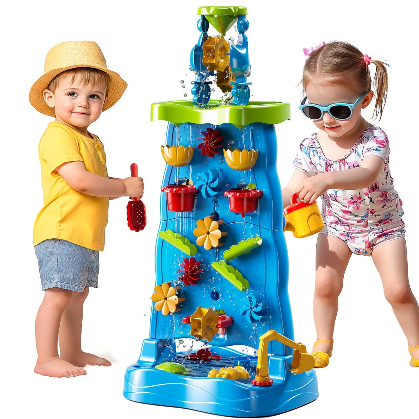 Water Table for Toddlers 1-3 Kids Ages 4-8, Double-Sided Waterfall Discovery Wall with Rich Activity Set, Summer Kids Outdoor Beach Sand Water Play Table Toys, Birthday Gifts for Boys Girls 18M+
