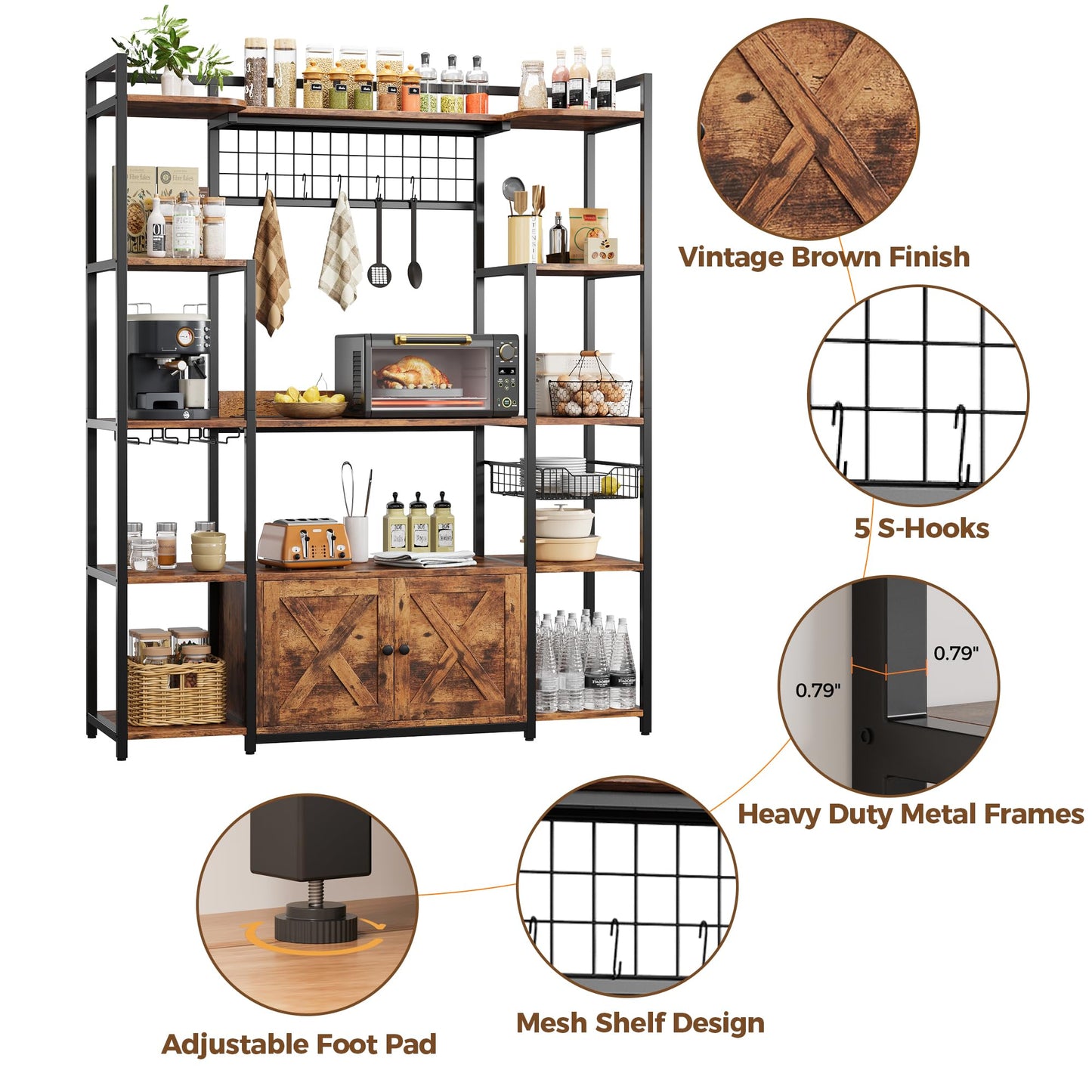 IRONCK Bakers Rack with Power Outlet, 54.7 Inch Coffee Bar Cabinet, Kitchen Bakers Rack with Storage, Microwave Stand with Shelves, Globlet Holder and 5 Hooks, Vintage Brown