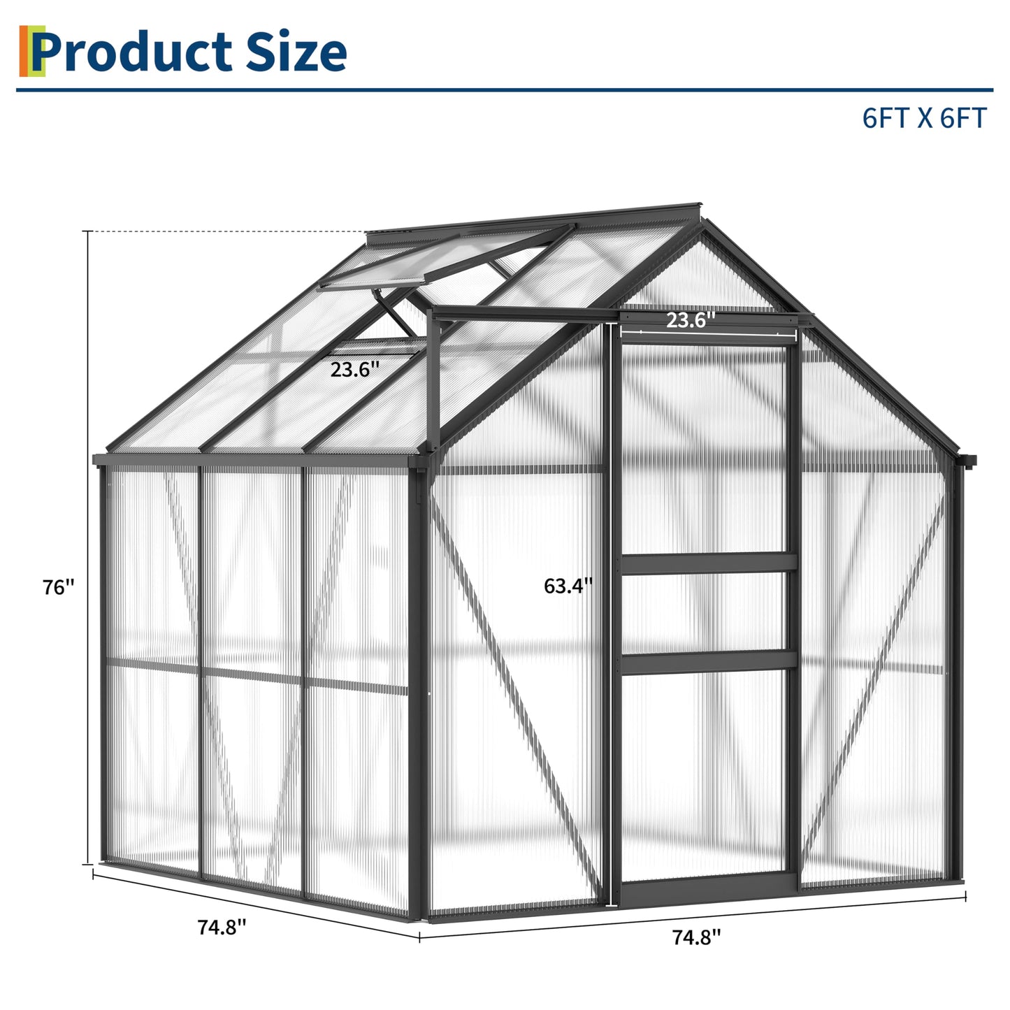 6X6FT Walk-in Polycarbonate Greenhouse, Outdoor Weatherproof Greenhouse Kit with Adjustable Roof Vent, Sliding Door & Gutter Drainage, Portable Green House for Patio Backyard Winter Gardening