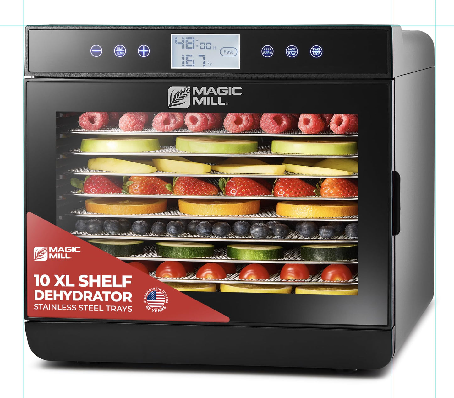 Magic Mill Premium Food Dehydrator Machine (10 Extra-Large Stainless Steel Trays) 700W Dryer for Beef Jerky, Fruits, Vegetables, Dog Treats, 48 Hour Digital Timer - 95°-167° Temperature Control