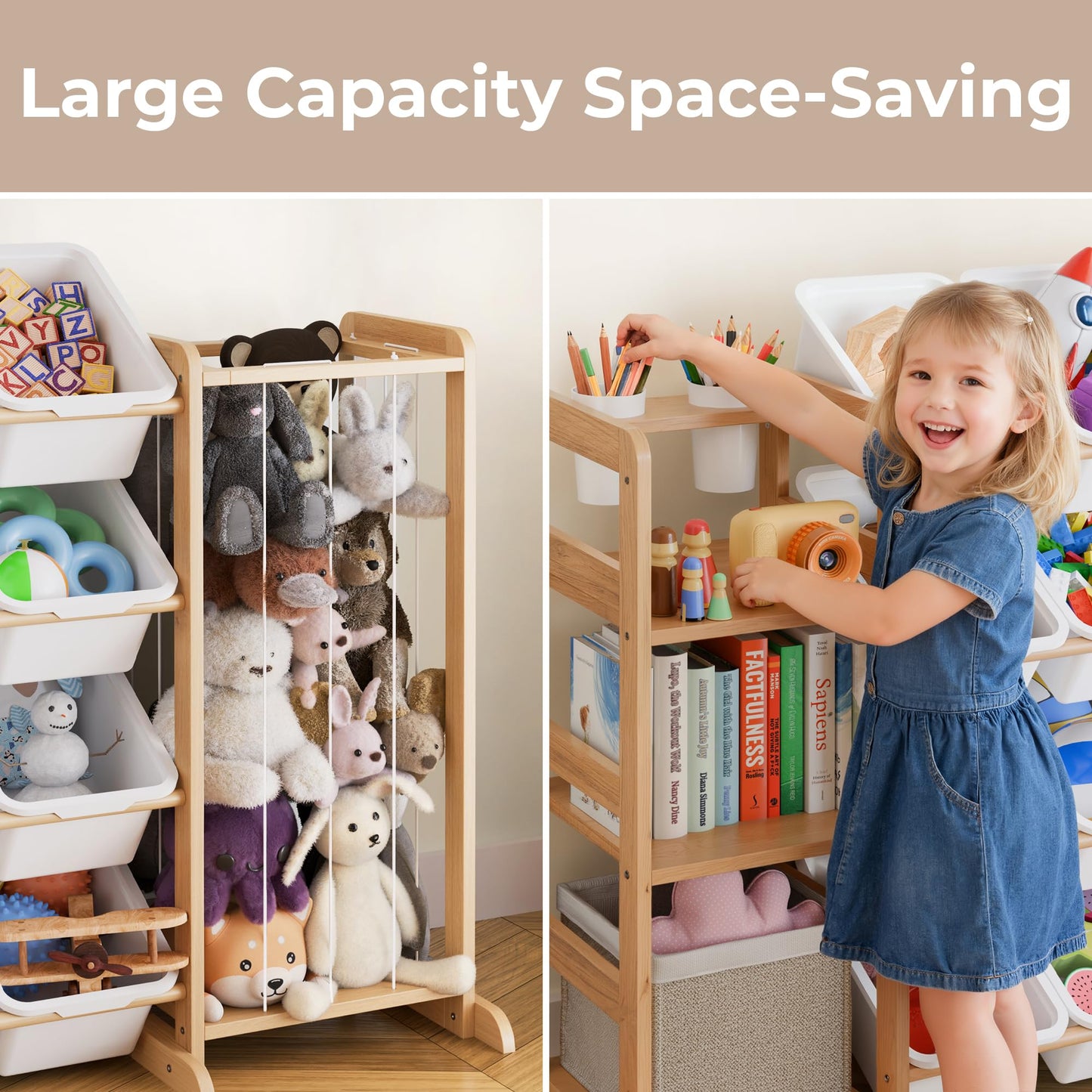 Toy Storage Organizer with Bookshelf and Stuffed Animal Storage - Kids Playroom Organization with Shelves and 12 Toy Bins - Toddler Living Room Toy Box for Lego - Nursery Bedroom Decor Essentials