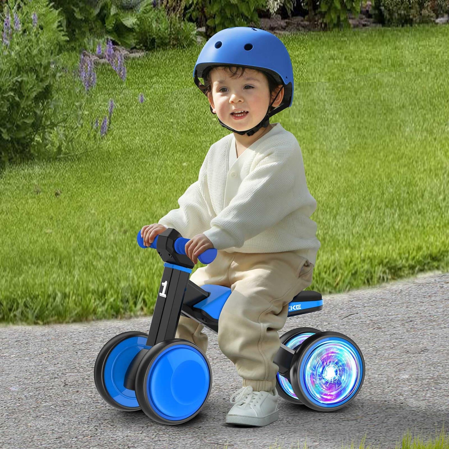ESPRAY Colorful Lighting Baby Balance Bike Toys for 1 Year Old Boys Gifts, Toddler First Bike 12-24 Months with Adjustable Soft Seat, 4 Silent Wheels Ride on Toy, Perfect First Birthday Gift