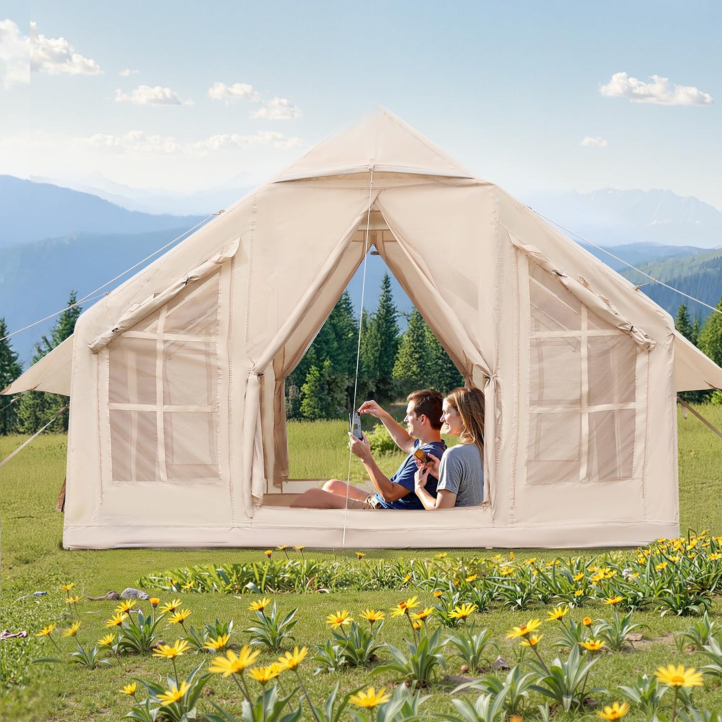 VEVOR Inflatable Tents for Camping, 4-6 Person Easy Setup Blow up Tent with Hand Pump, 300D Oxford 4 Season Glamping Tent with Stove Jack 2 Doors & 4 Mesh Windows, Storage Bag Included for Easy Taking