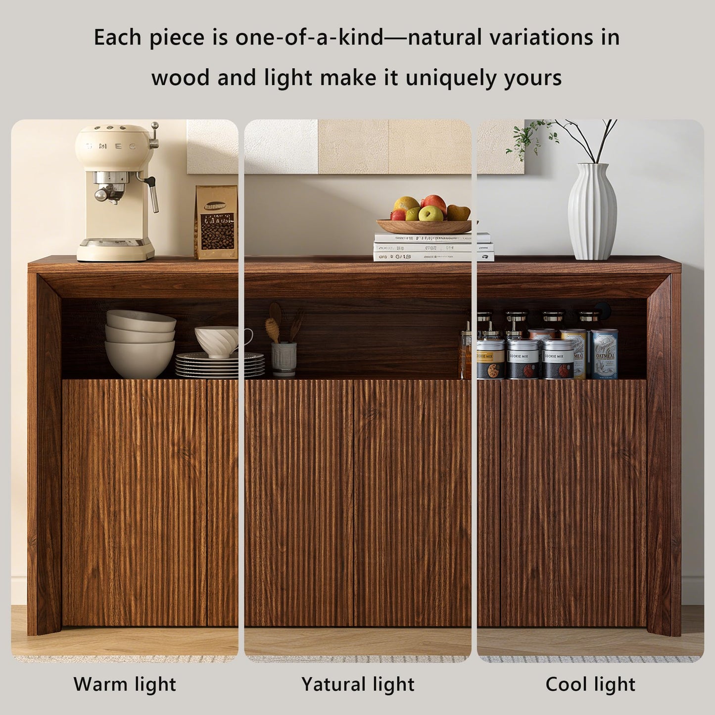 Feonase 66.2" Buffet Cabinet with Storage & Led Lights, Modern Sideboard Cabinet with 4 Doors & Shelves, Fluted Media Console Mid Century, Coffee Bar Table for Living Room Kitchen Dining Room, Walnut
