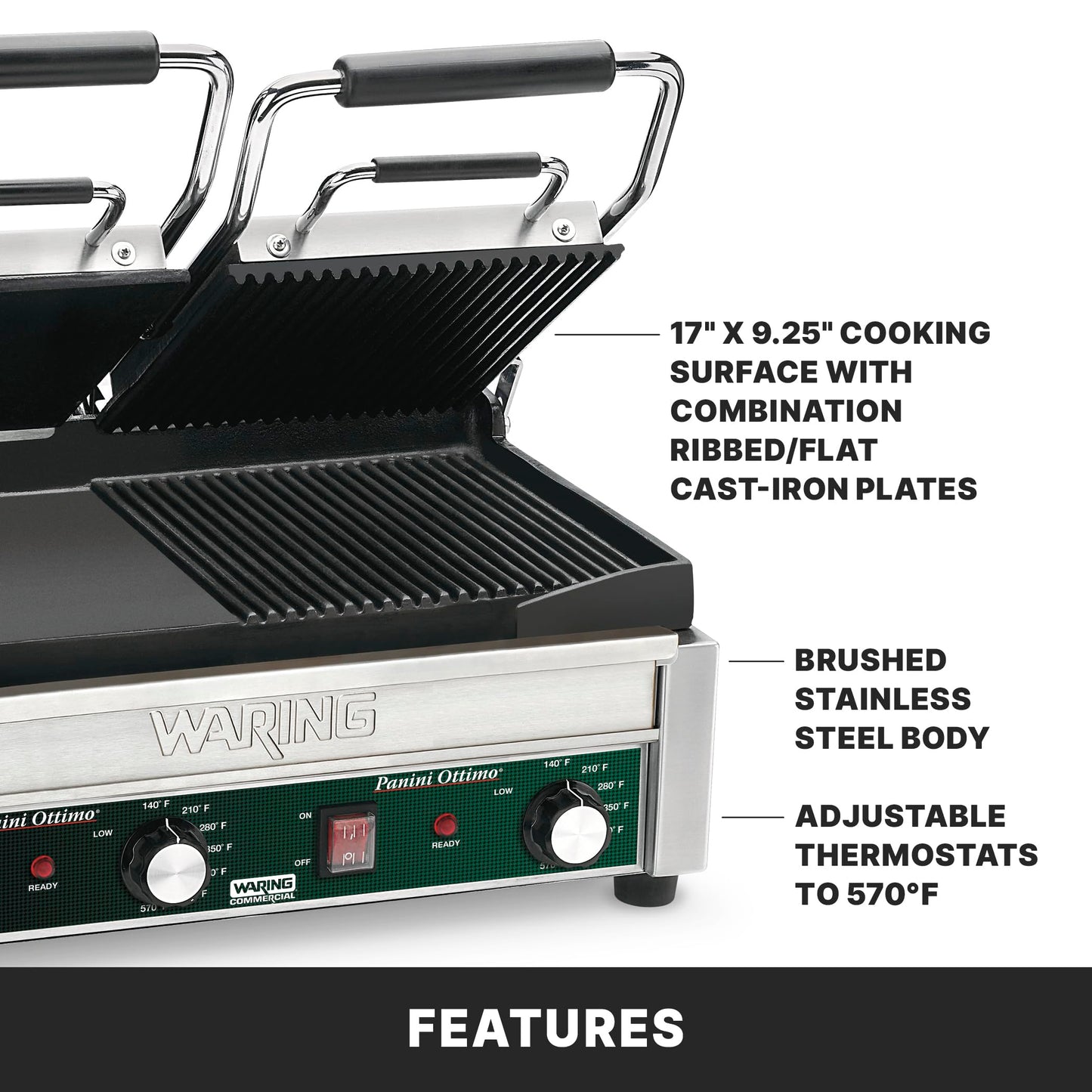 Waring Commercial Dual Grill Half Panini and Half Flat Grill 240V (17" x 9.25" cooking surface)
