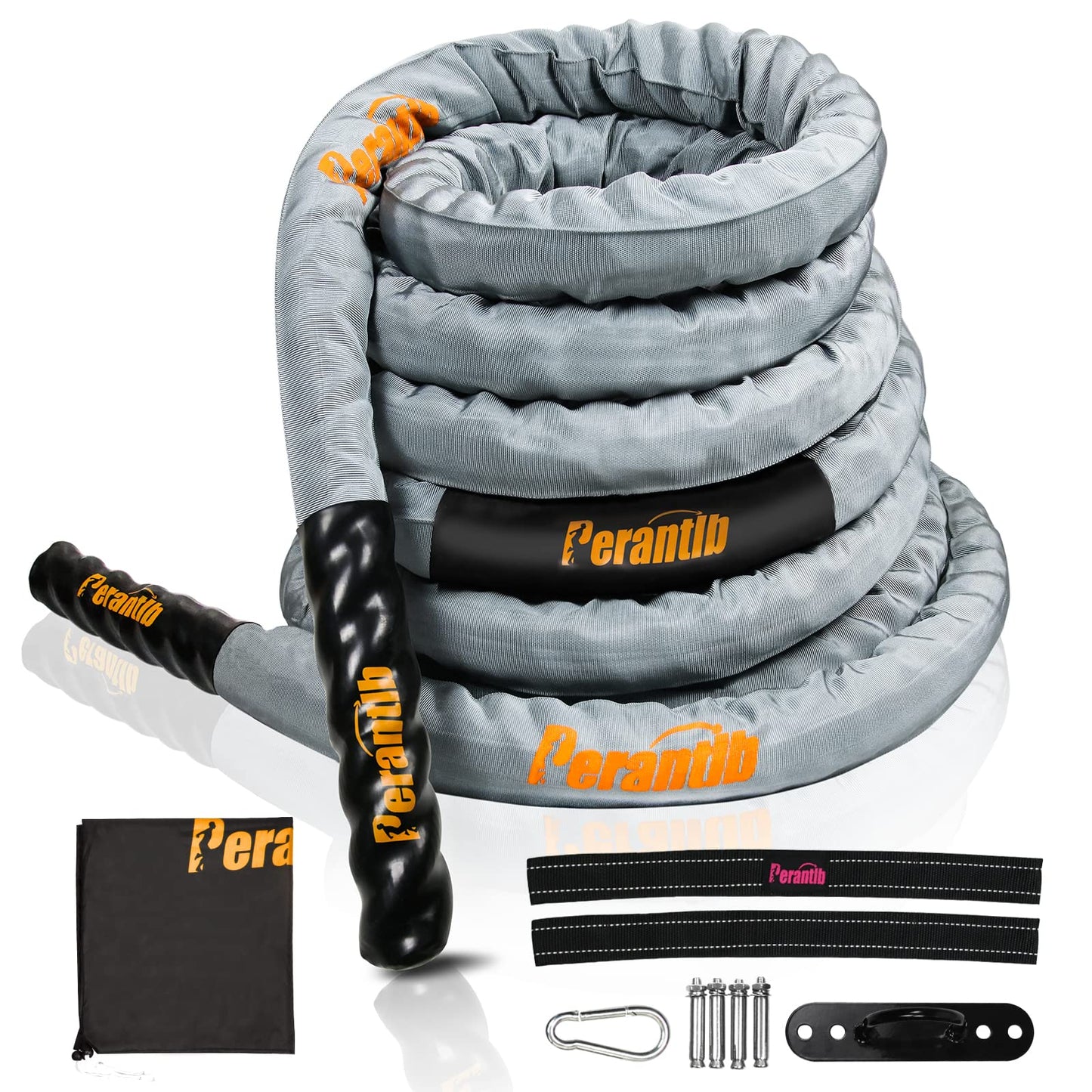 Perantlb Battle Rope with Cloth Sleeve -1.5/2 Inch Diameter 30' 40' 50' Lengths -Gym Muscle Toning Metabolic Workout Fitness, Battle Rope Anchor Strap Kit Included(2"x30ft)