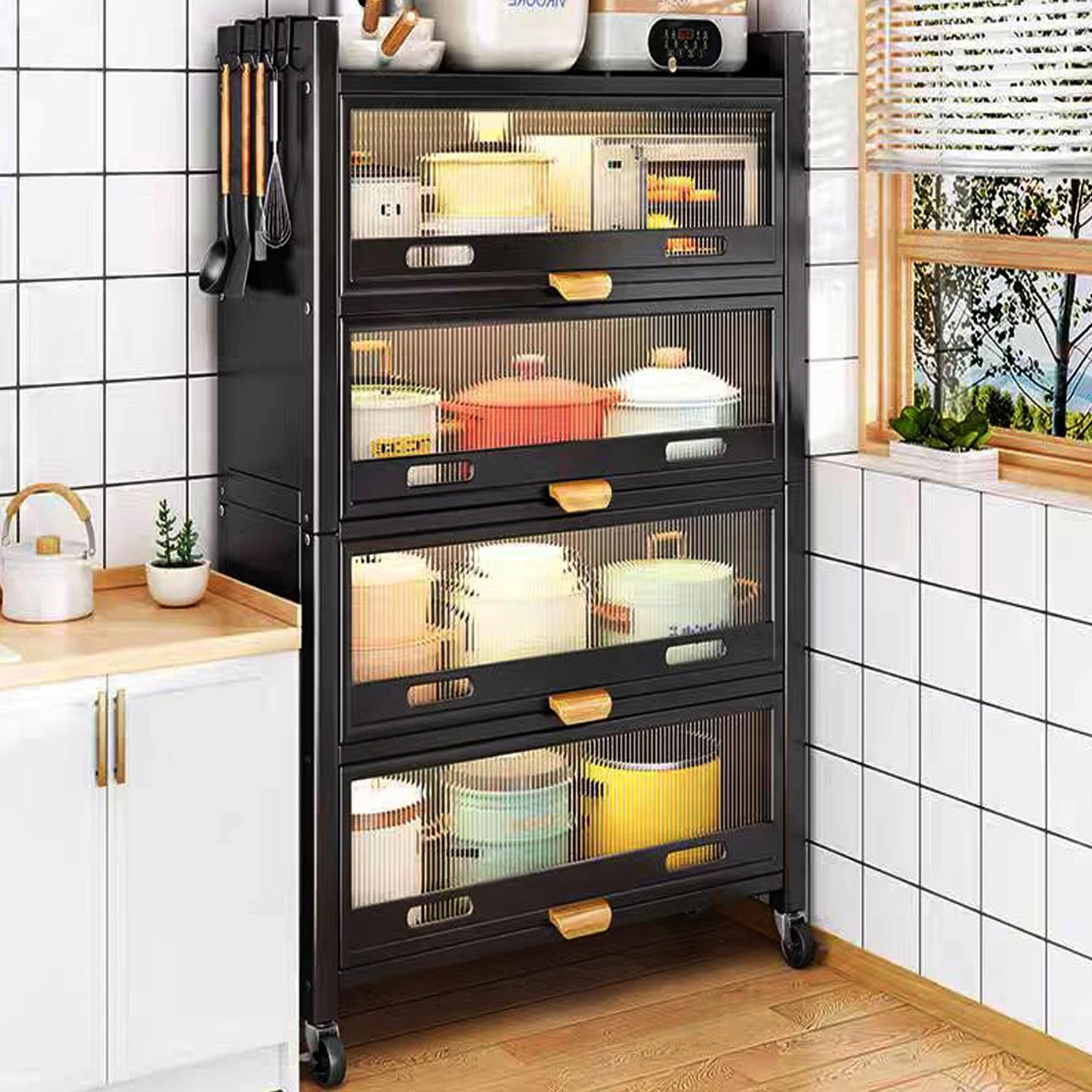 LXSJCYGJ 5-Tier Kitchen Storage Cabinet,Microwave Stand,Freestanding Kitchen Bakers Rack with 4 Rolling Casters,for Dining Room, Living Room and Study (Black, 12.6X 27.6X 57.3)