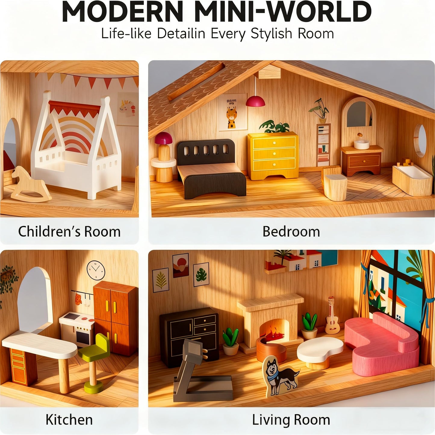 Wooden Doll House with 53Pcs Furniture Doll House, 6 Rooms Toddler Dollhouse Includes Spiral Wooden Staircase and Balcony, Modern Family Dollhouse with Realistic Design Gift for Ages 3+