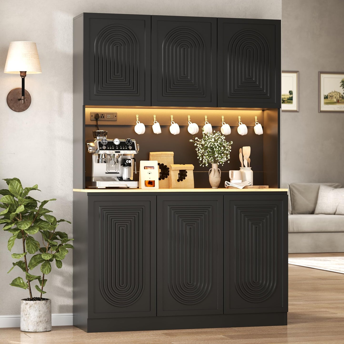 71" Black Kitchen Pantry with Power Outlet & LED Light, Large Kitchen Hutch Cabinet with Adjustable Shelf, Modern Buffet Cabinet with 6 Doors, Food Pantry Storage for Dining Room (Black 6 Doors)