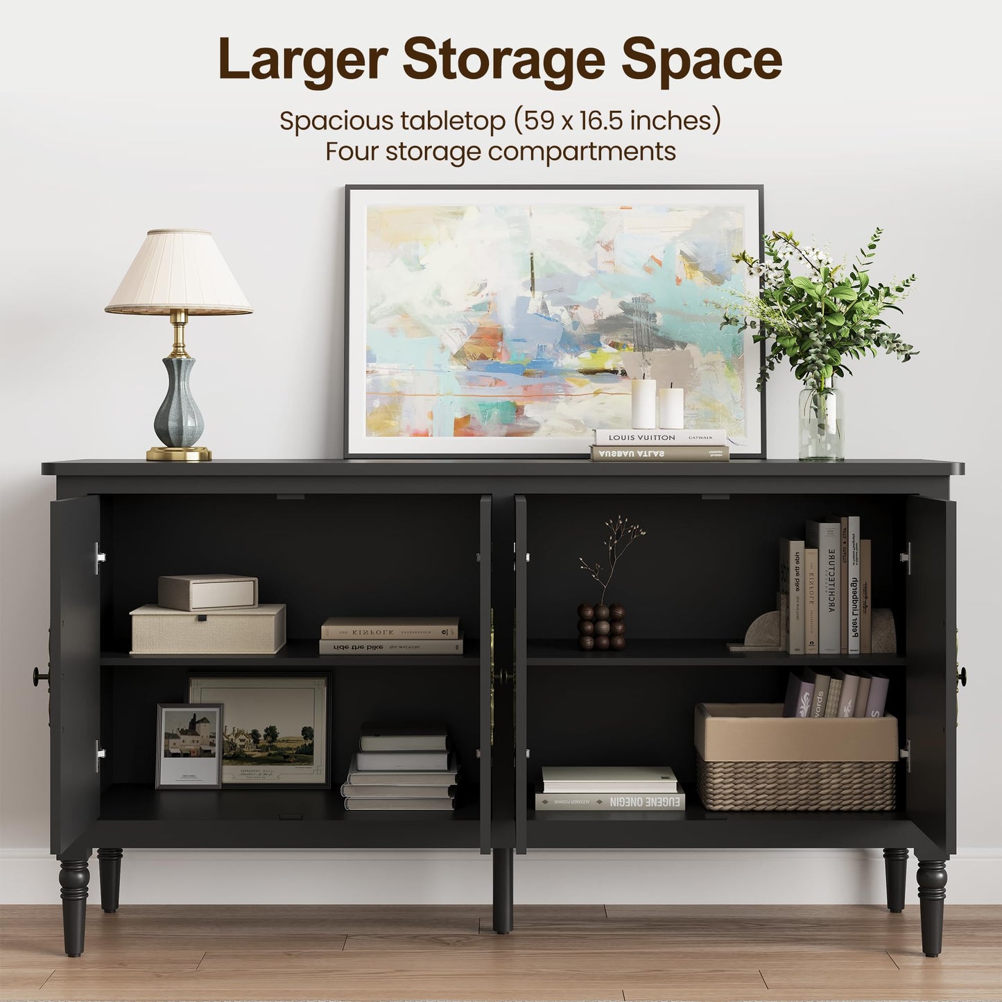 FansaFurn Console Table, 58'' Mid Century Modern Pantry Cabinet, Wood Buffet Sideboard, Media Credenza with 4 Doors, Accent Storage for Entryway, Living Room, Bedroom, Dining Room (Black)