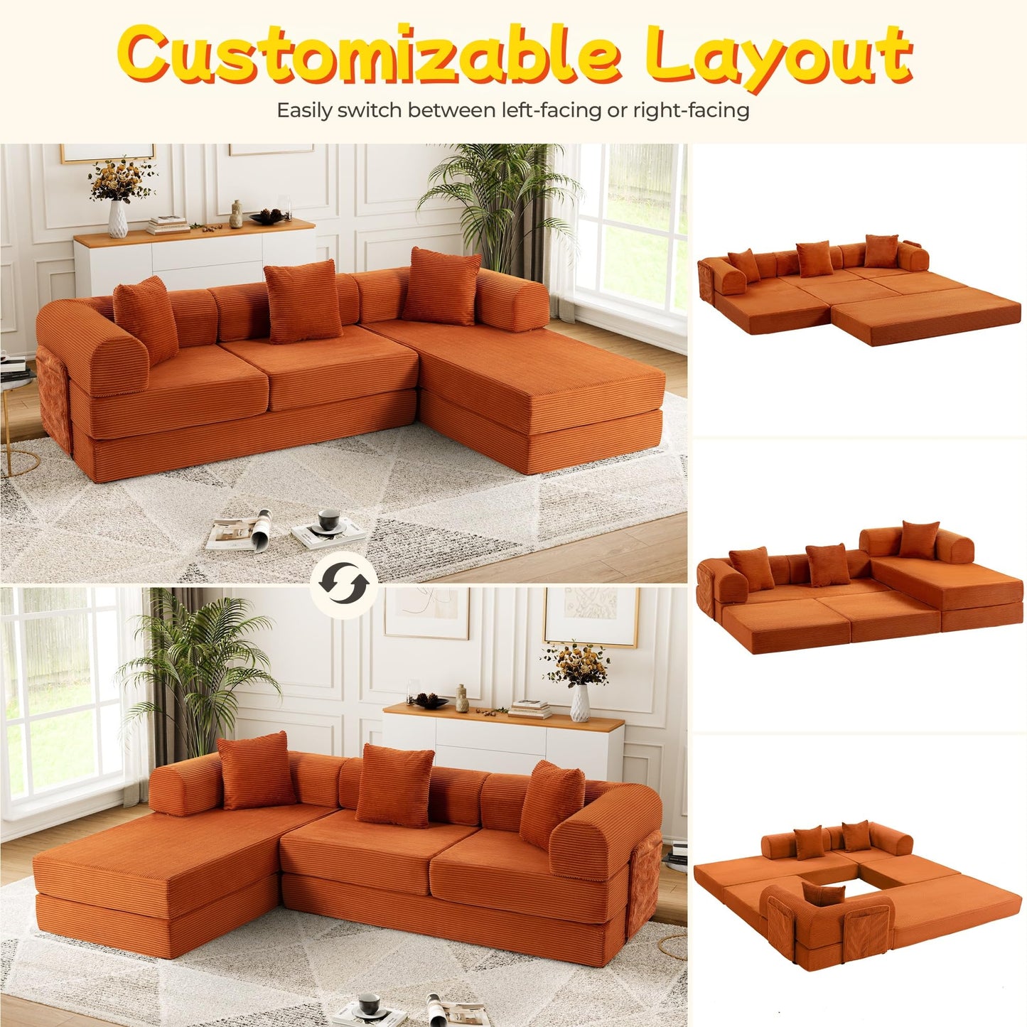 Topcomfy 106.3" L Shape Convertible Sleeper Sofa Bed, Oversized Modular Sectional Cloud Sofa with Fixed-Shape Frame & Storage Pocket, Boneless Couch for Living Room, No Assembly Required, Orange