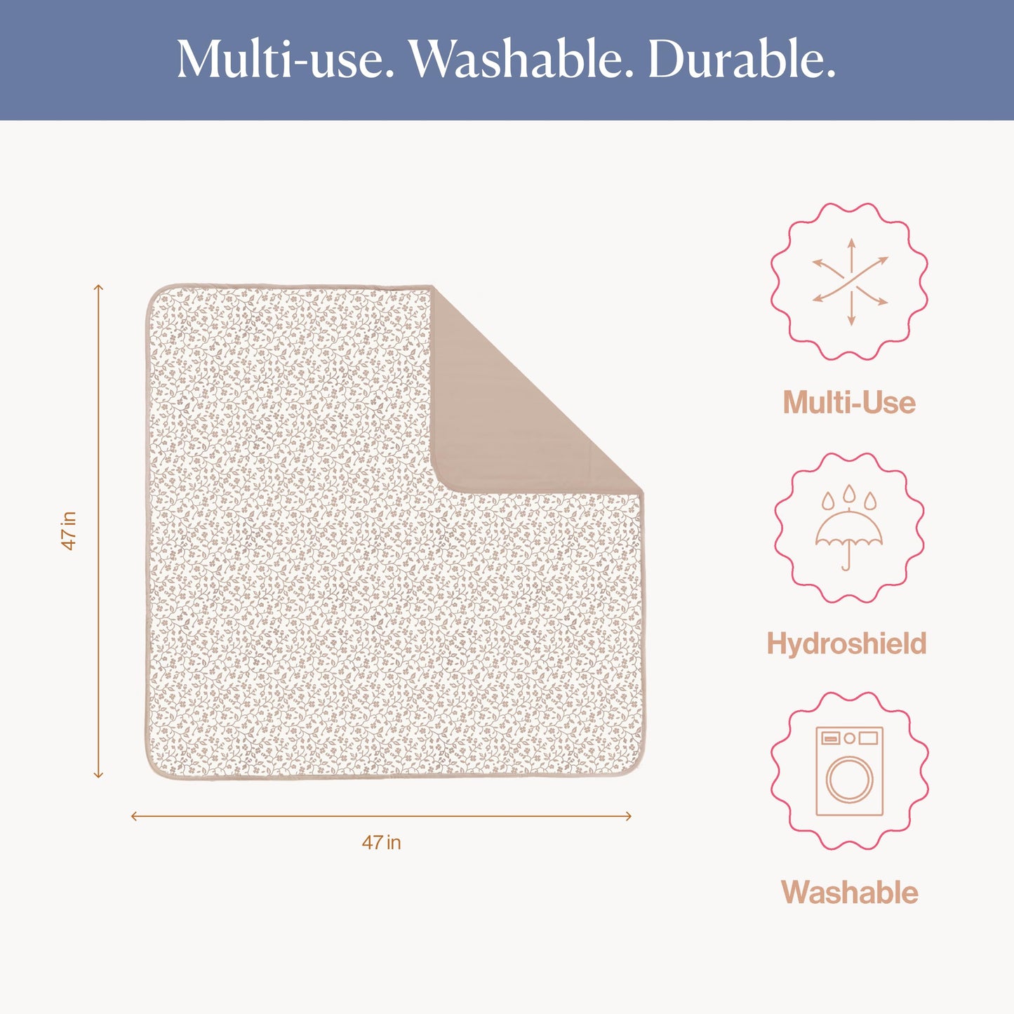 Toddlekind Portable Baby Mat, Organic Cotton 47" x 47, Portable, playpen mat, Travel, Indoor/Outdoor mat, for Babies/Toddlers, 0m+ (Earthen)