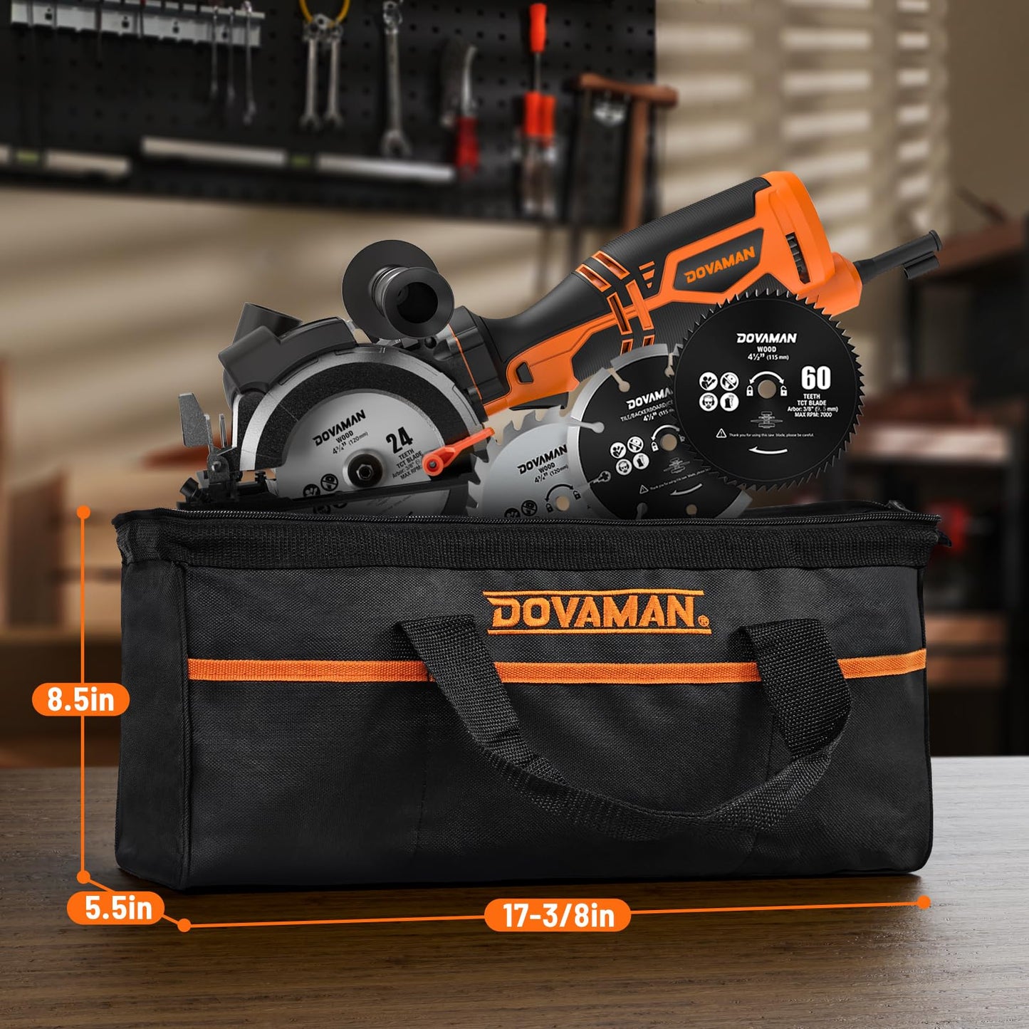 DOVAMAN Circular Saw, 5.8A 4-1/2" Circular Saw w/Laser, Metal Auxiliary Handle, 6 Blades (4½", 4¾"), Cutting Depth 1-11/16" (90°), 1-3/8" (45°), Ideal for Wood, Soft Metal, Plastic, Tile - MCS01A