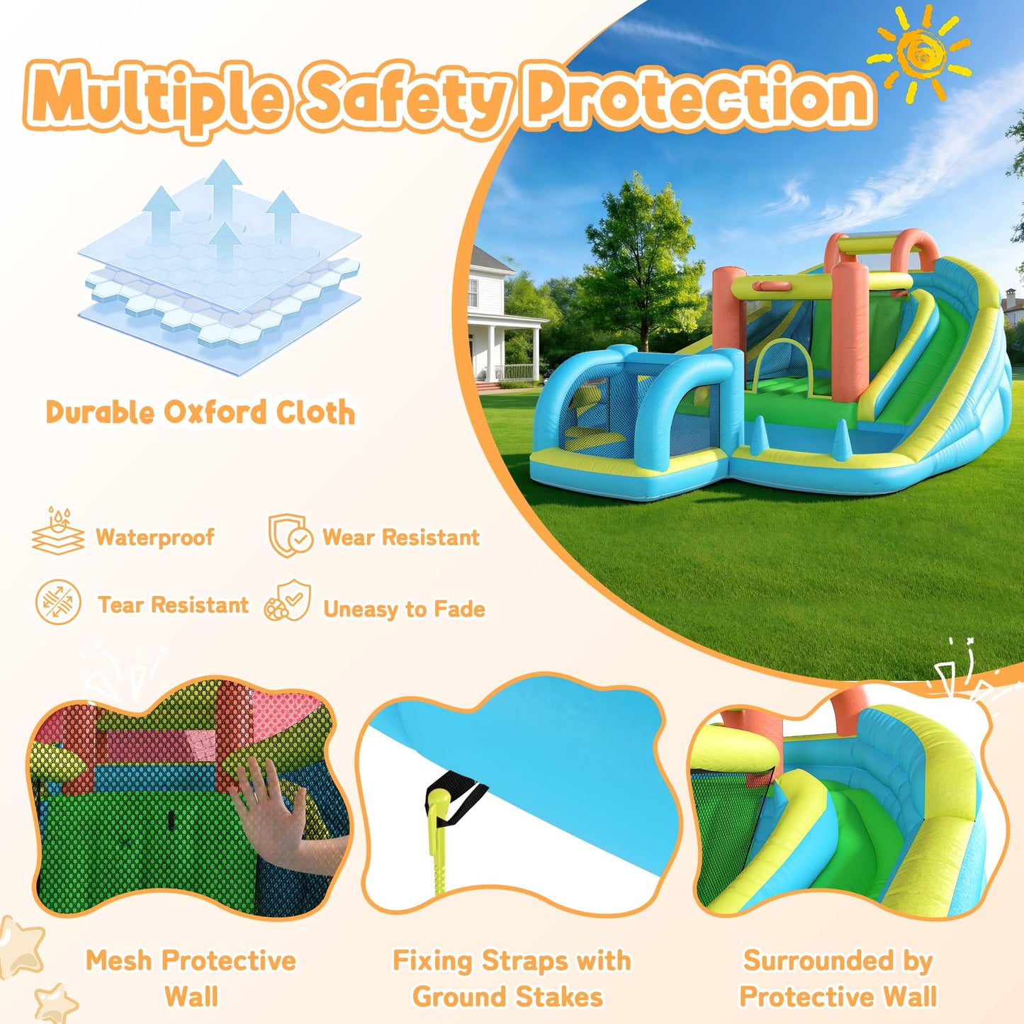 HOMMOW Inflatable Bounce House with Double Slide, Bouncy Castle for Kids 3-12 with Blower, Water Cannon, Football Net, Jumping, Climbing Wall, Basketball Hoop, Backyard Water Park for Kids