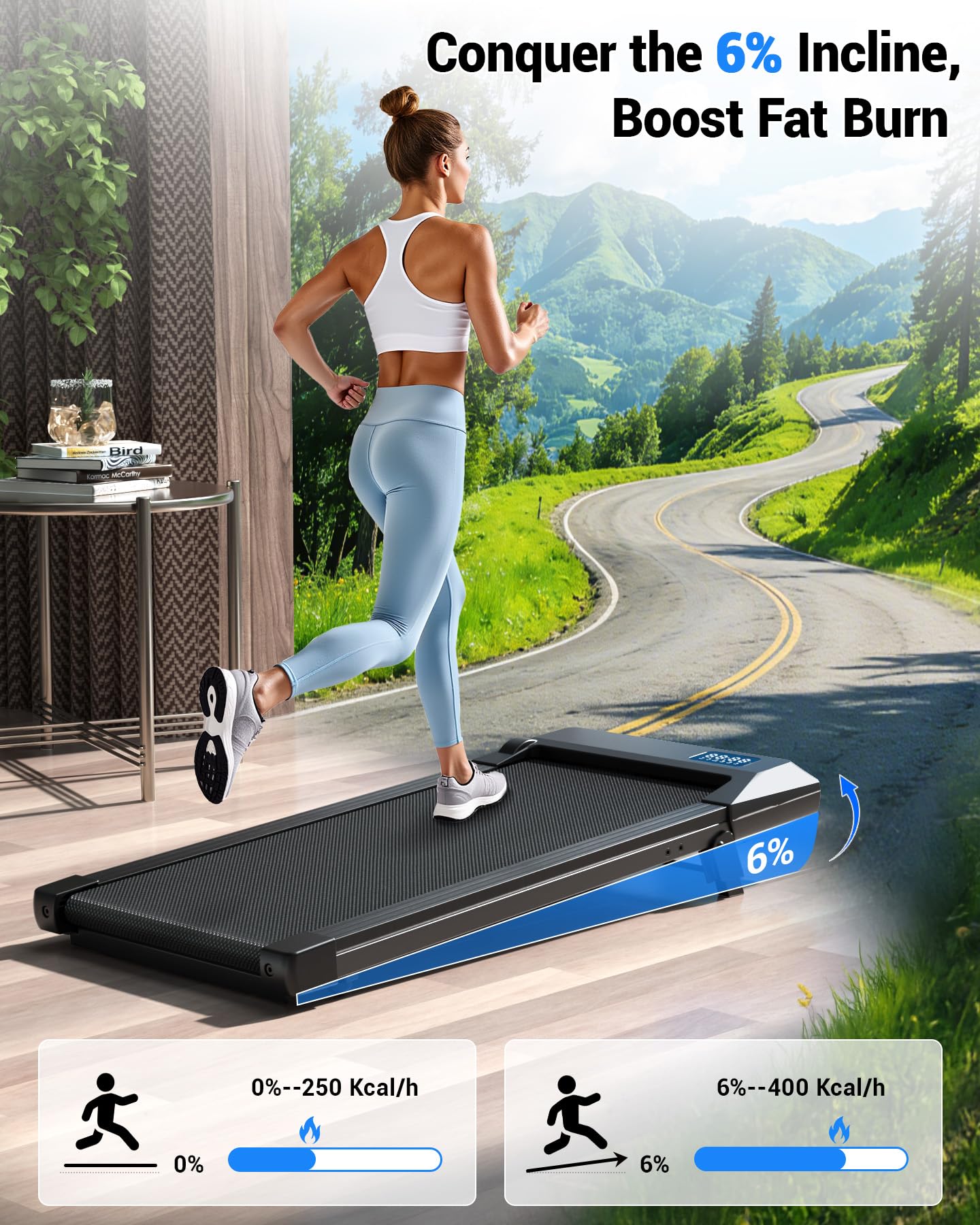 DeerRun Under Desk Walking Pad Treadmill for Home & Office, 6% Manual Incline, 0.6–3.8 MPH Walking Speed, 300 lb Capacity, App & Remote Control
