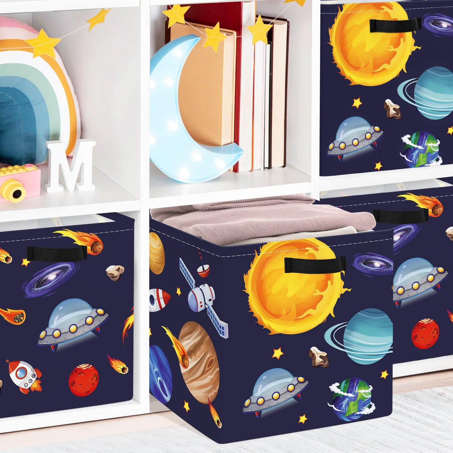 Clastyle 3 pcs Cosmic Space Cube Storage Unit Boxes Stars Kallax Box for Shelves Parents Storage Baskets for Book Clothes Toy Organizer, Solar System, 11.8x11.8x11.8 in