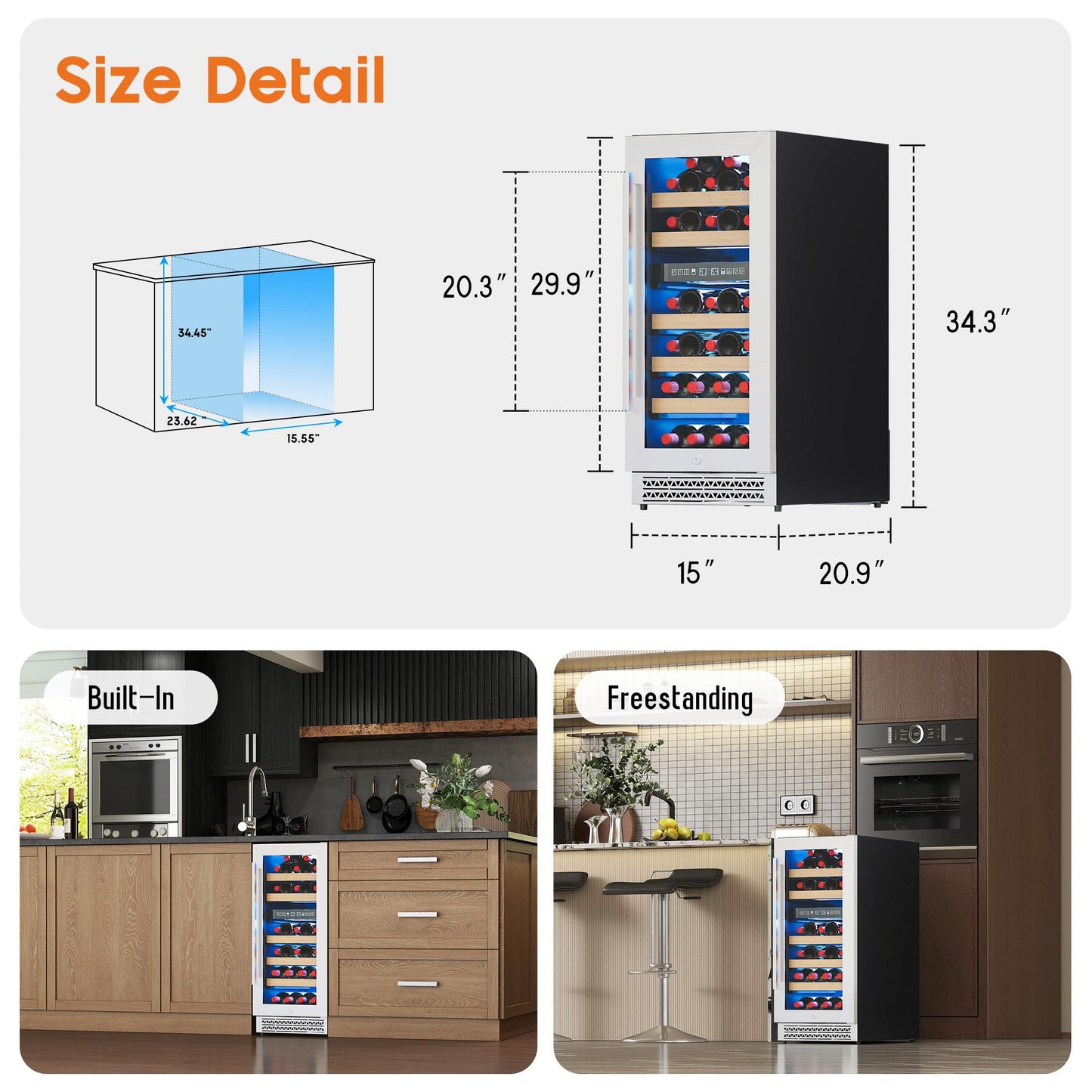 Albott 15 Inch Wine Fridge, Dual Zone 31 Bottle Wine Cooler 41–68℉ with Digital Temperature Control, Reversible Double-Layer Glass Door, Built-in or Freestanding Design for Home and Bar
