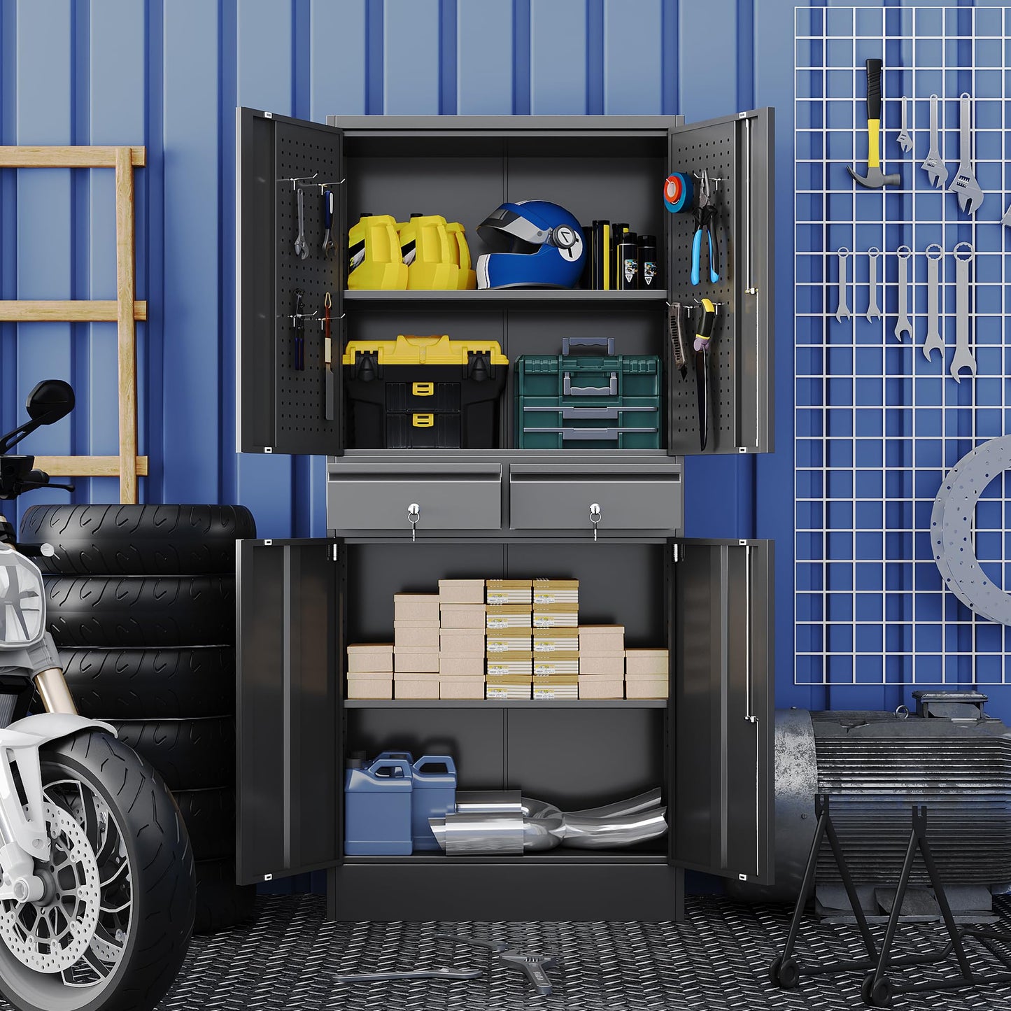 JAORD Metal Storage Cabinet with 2 Drawers and Pegboard, Garage Storage Cabinet with Locking Doors and 2 Adjustable Shelves, 71" H Steel Cabinets for Garage, Home, Office, School, Black