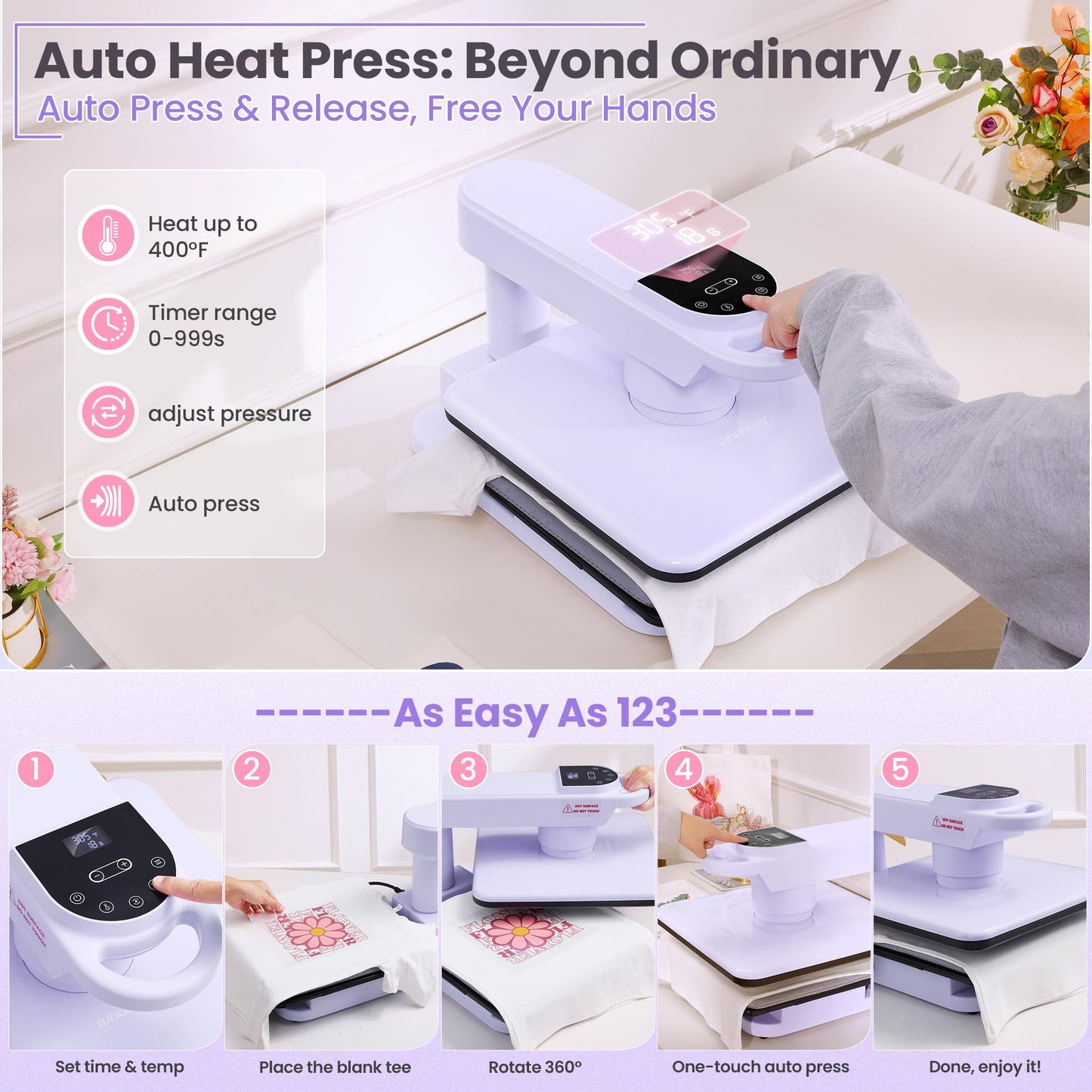 Whubefy 360° Swivel Auto Heat Press 15x15 - Professional Automatic Shirt Press Machine with Auto Release & 7-Level Auto Pressure - Swing Away Large Pro Heat Press Machine for T Shirts Hoodie HTV Vinyl
