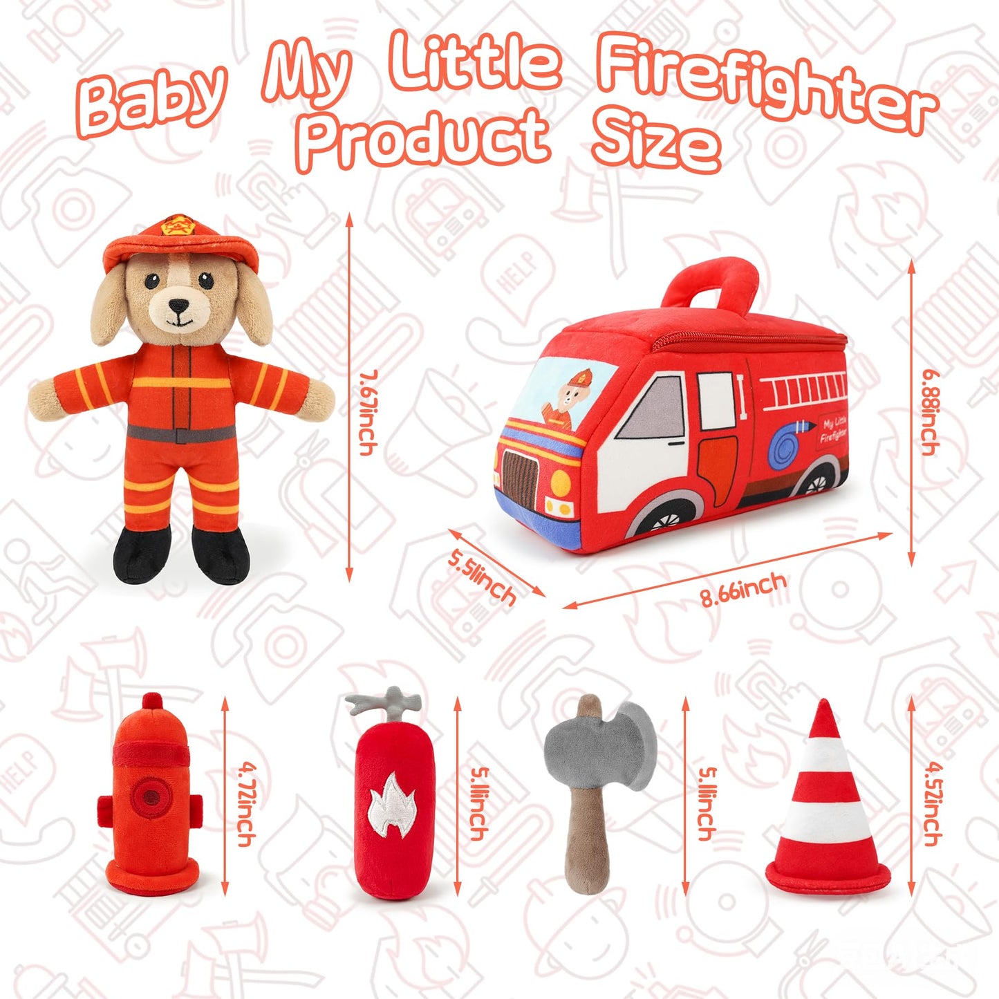 JUSTQUNSEEN Stuffed Plush Firefighter Kit for Baby Toddler, 6-Pcs My Little Playset, Sensory Pretend Play Toy with Fire Truck/Dog Firefighter/Extinguisher, Boy Girl Infant Gifts
