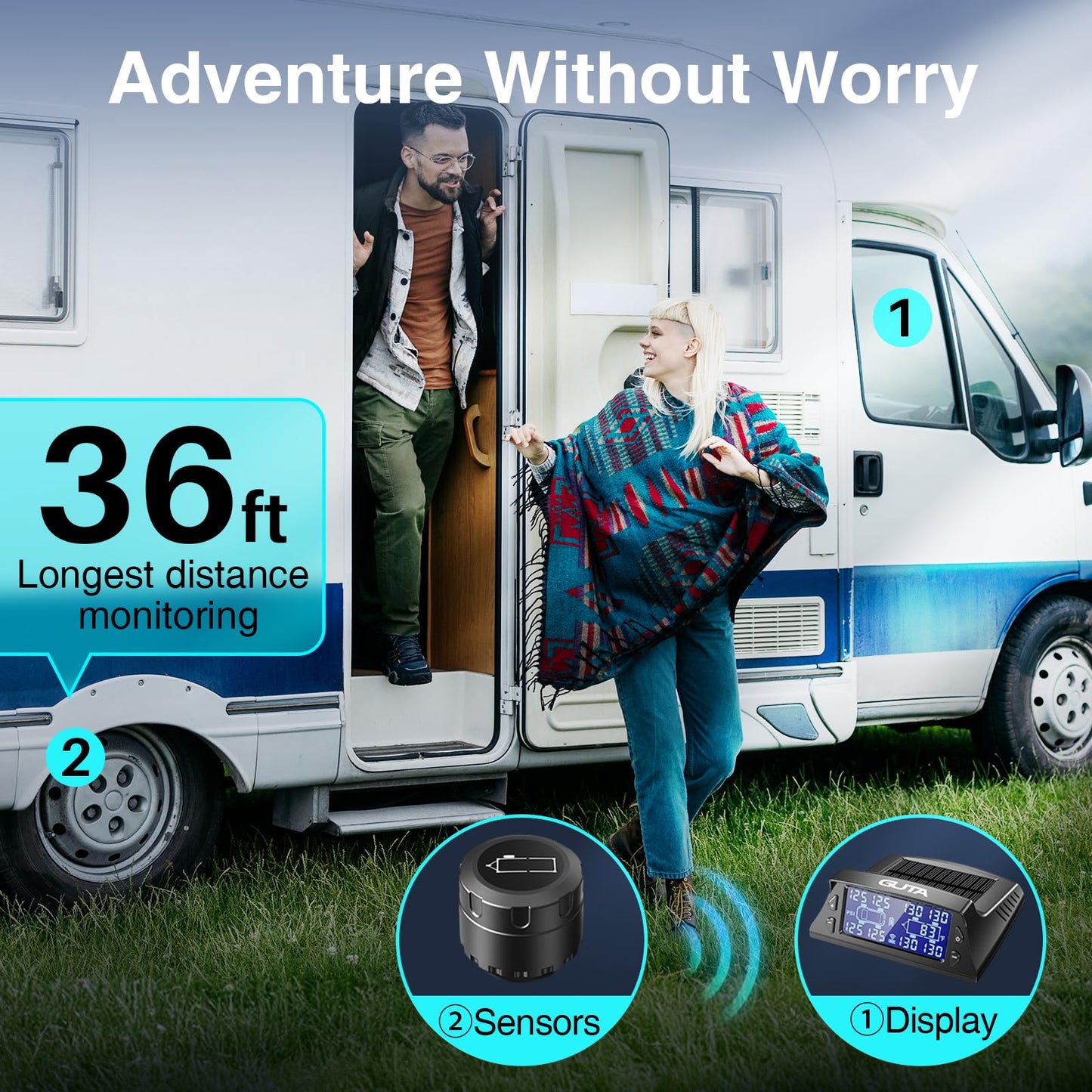 GUTA RV Tire Pressure Monitoring System, RV TPMS with 4 Sensors (0-188 PSI), Solar Charging, 6 Alarm Modes, Auto Sleep Mode, LCD Display, Tire Pressure Monitor System for RV/Trailer/SemiTruck