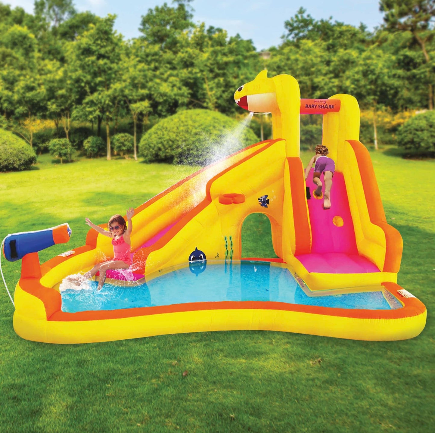 Funormous Baby Shark Bounce House with Slide Wet or Dry, Pink Fong Inflatable Water Slide, Party Outdoor Curve Waterslide Fun, Kids Backyard Water Park, Includes Water Sprayer, Pool & Blower