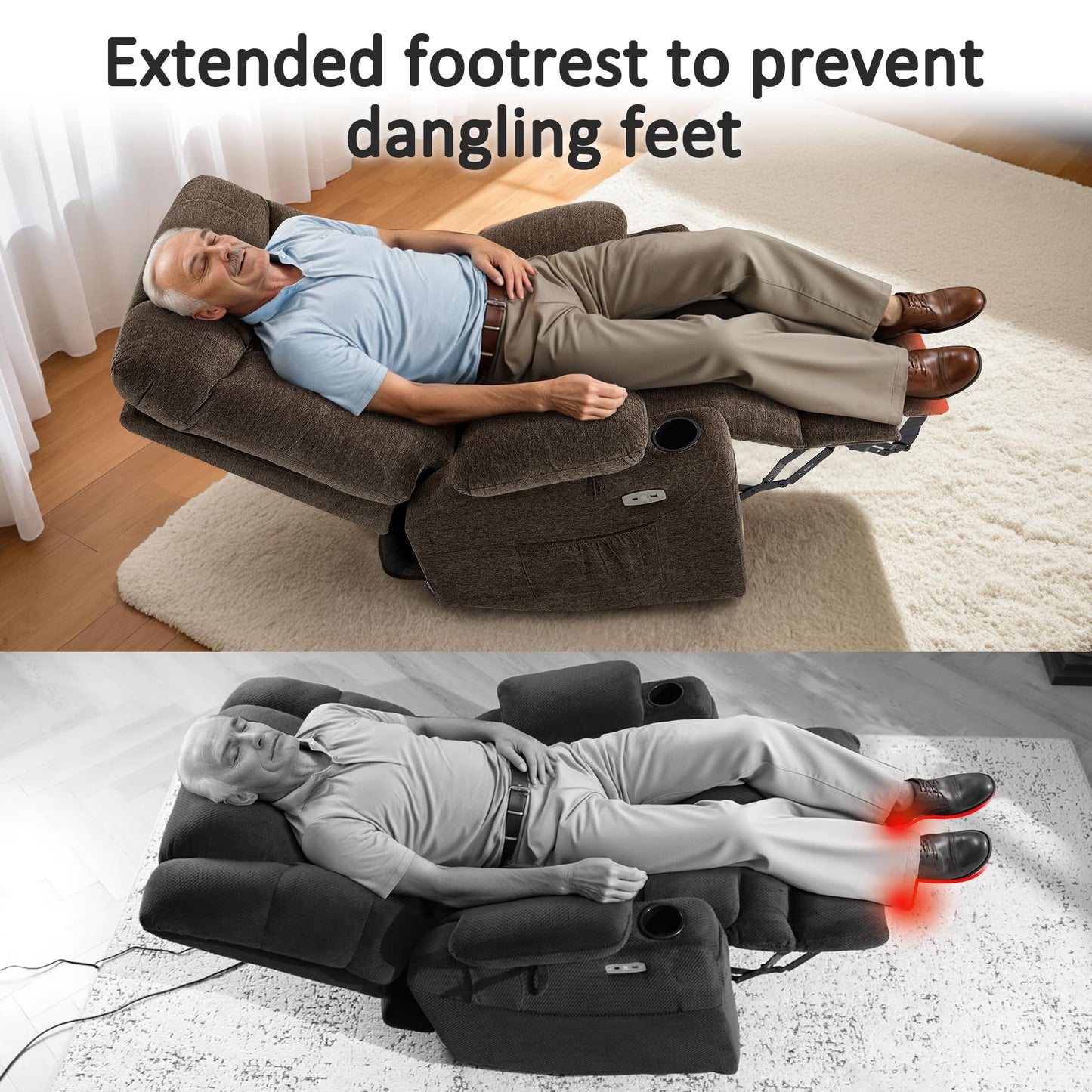 MCombo Oversized Power Lift Recliner Chair with Extended Footrest, Extra Wide 27.2" for Big and Tall Elderly People, Fabric R7289 (Brown, Medium-Oversize)
