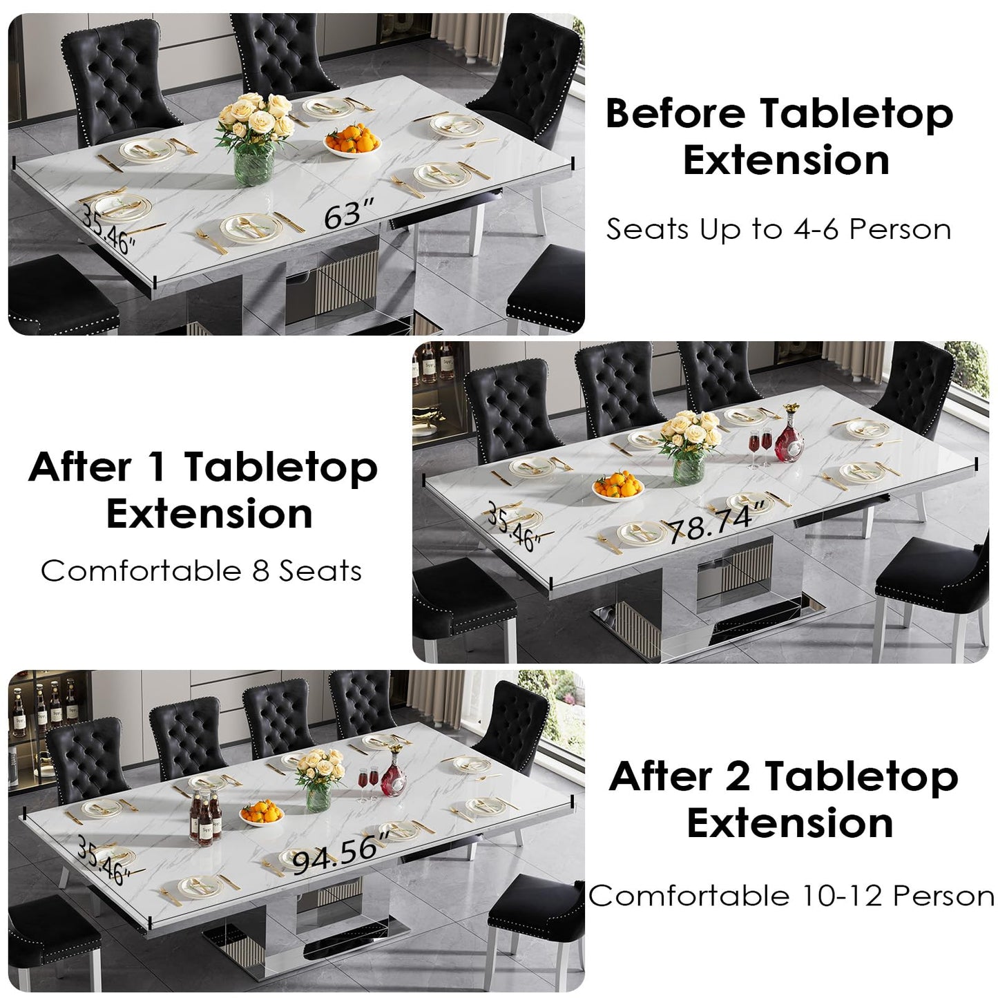 White Marble Extendable Dining Table Set for 10, 11-Piece Extendable Kitchen Table Set with 10 Blue Velvet Chairs, Modern 63"-94" Expandable Dining Room Table Set with Mirrored Pedestal for Kitchen