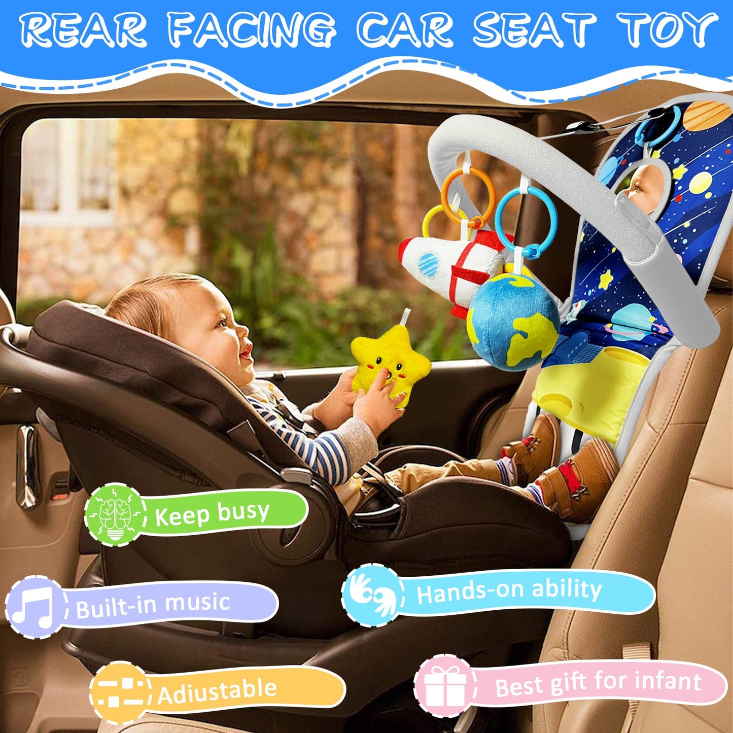 TOYMNI Car Seat Toys for Baby Infant 6 Months and Up, Carseat Toys with Musical Pedal Piano, Baby Mirror and Hanging Squeaky Sensory Soft Baby Toys 6 to 12 Months, Baby Car Toys Rear Facing